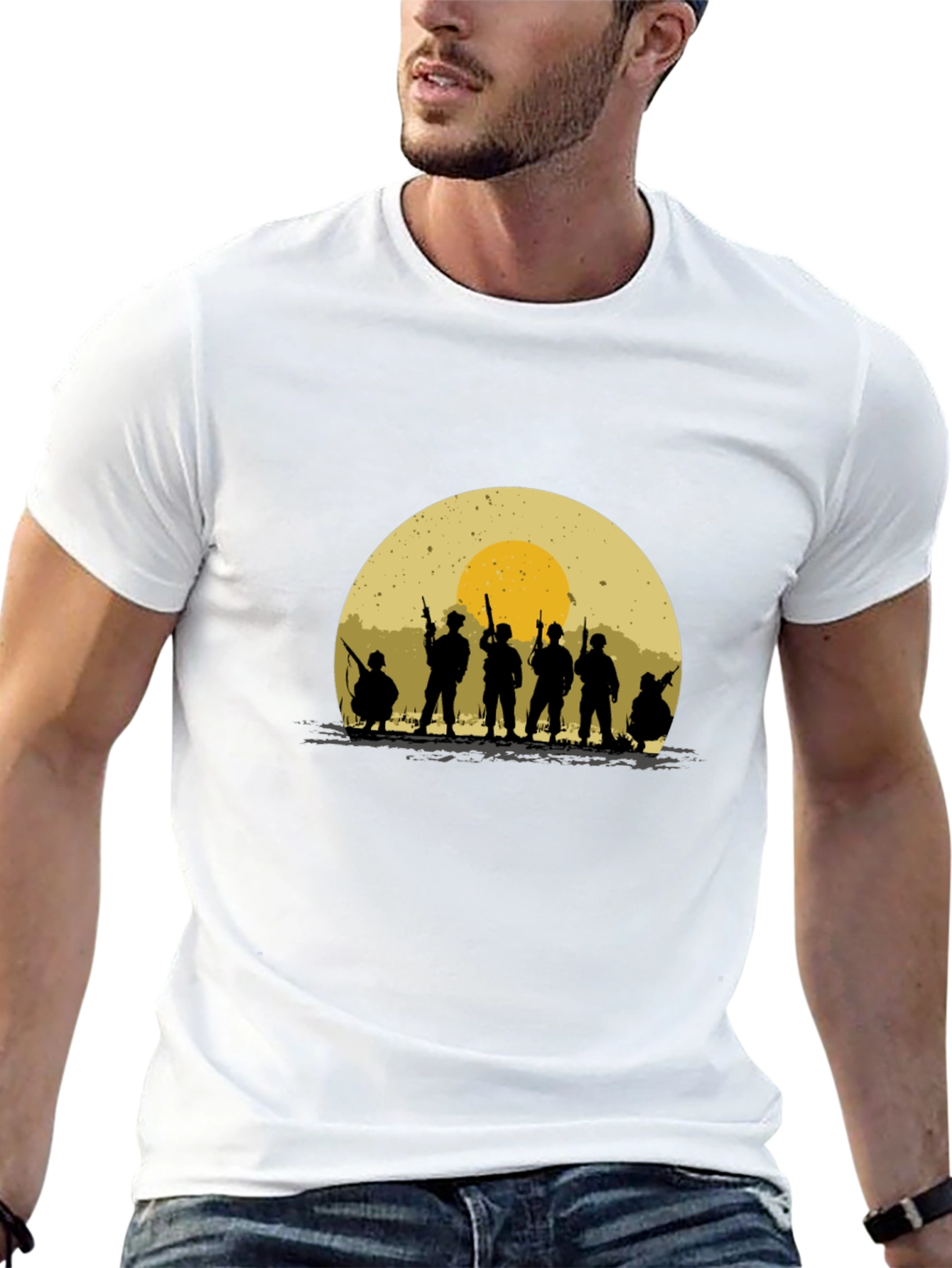 Silhouette Soldier T-Shirt - Retro Sunset Design