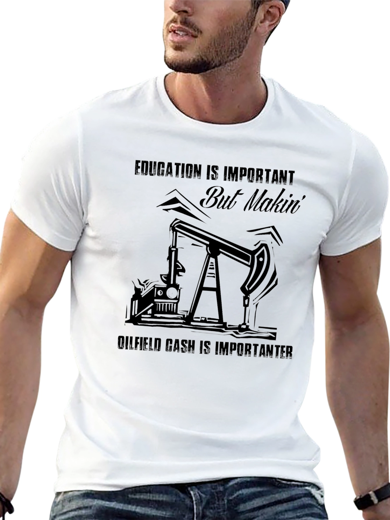 Education vs Oilfield Cash Black Graphic T-Shirt