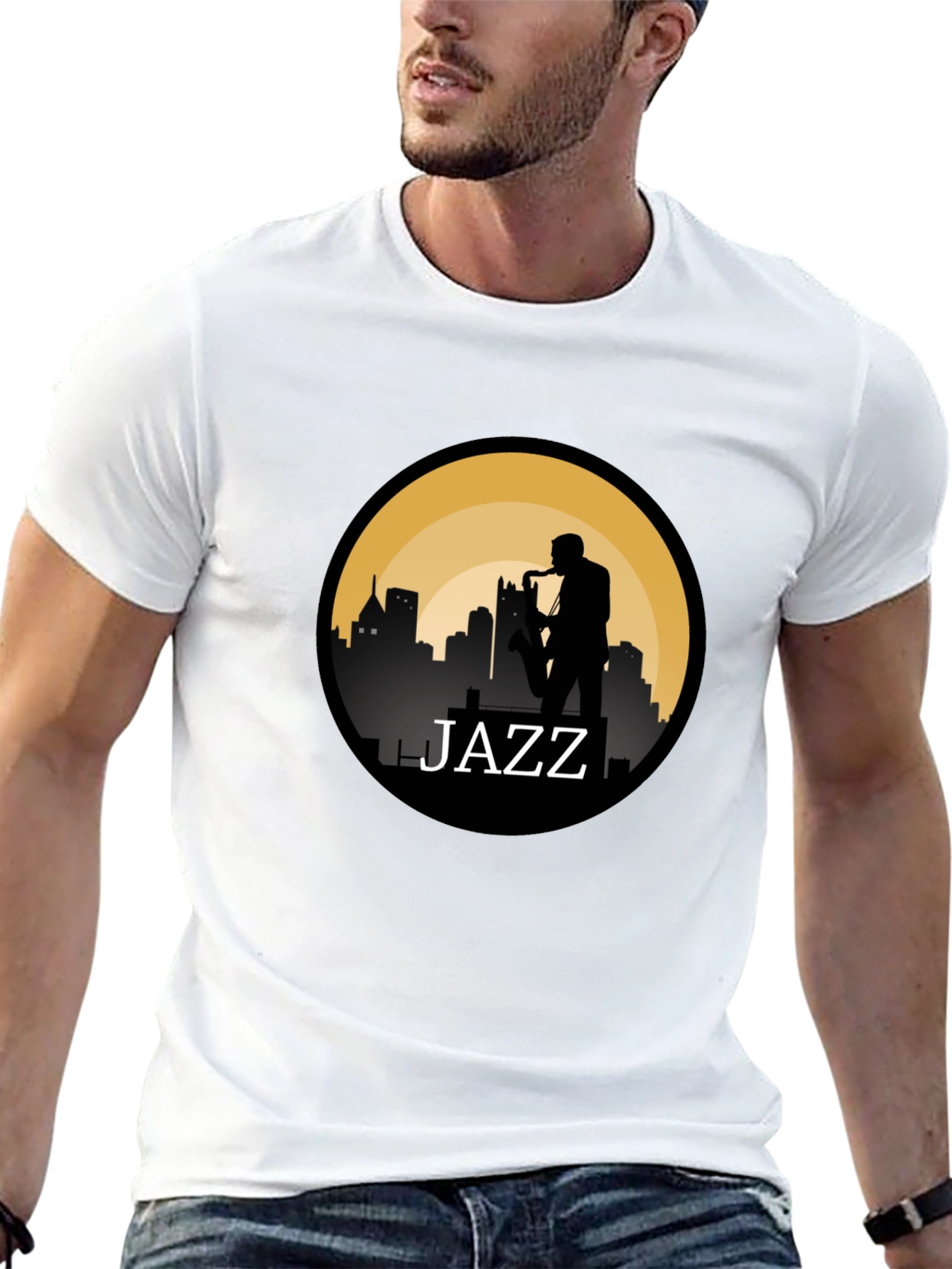 Jazz Silhouette T-Shirt - Cityscape Saxophone Design