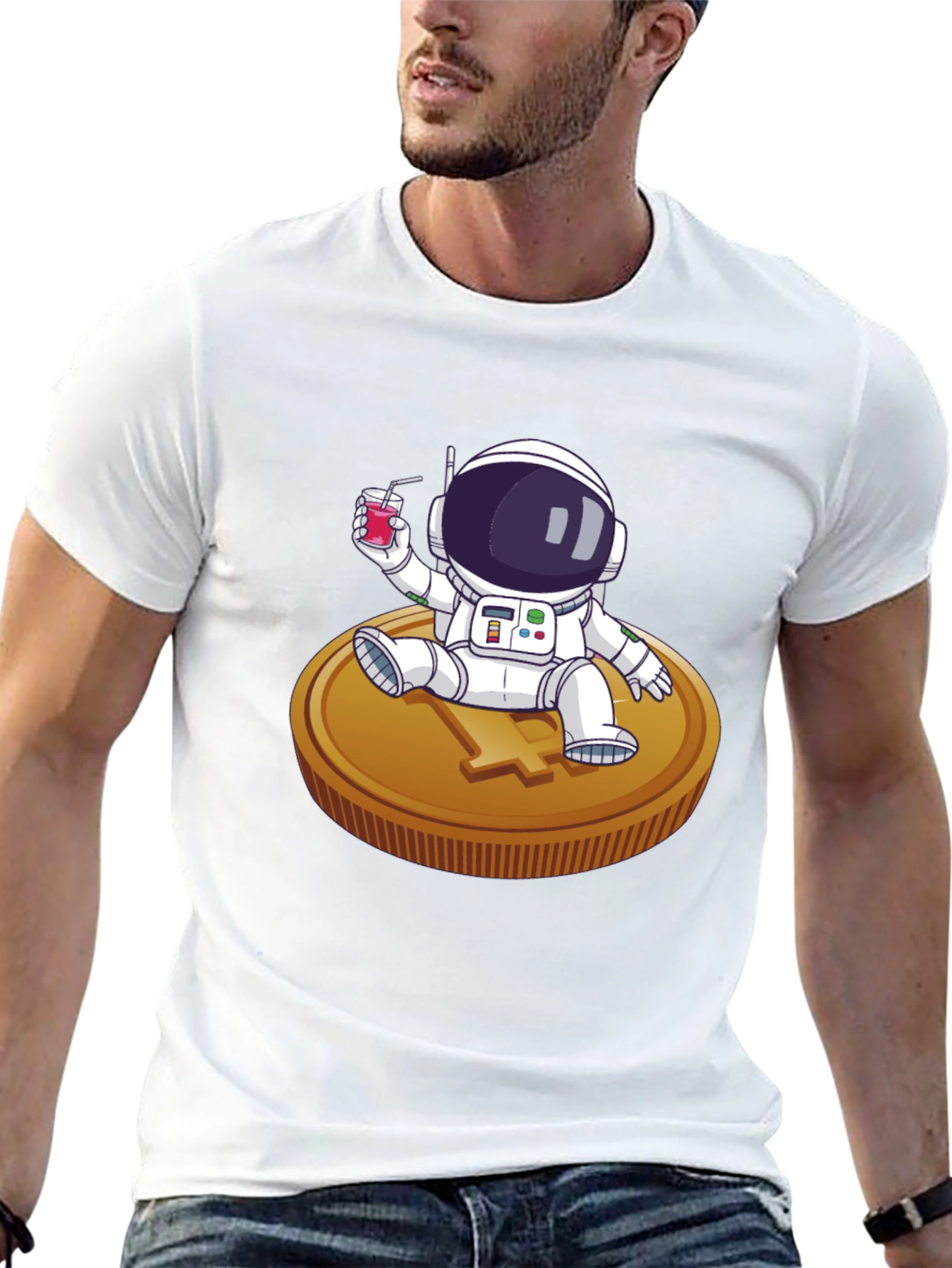 Astronaut Sipping Juice on Coin Tee