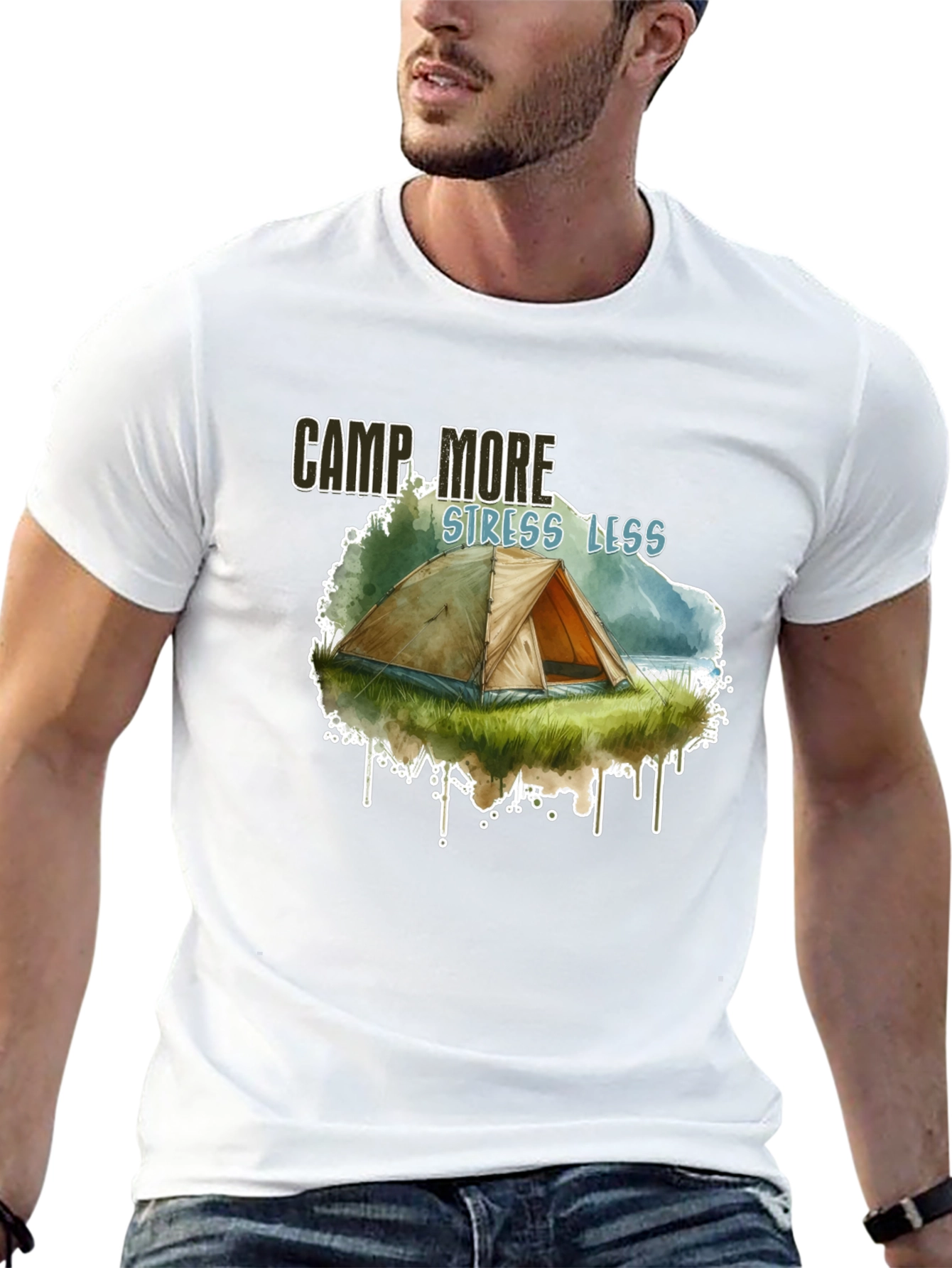 Camp More Stress Less Black Graphic T-Shirt