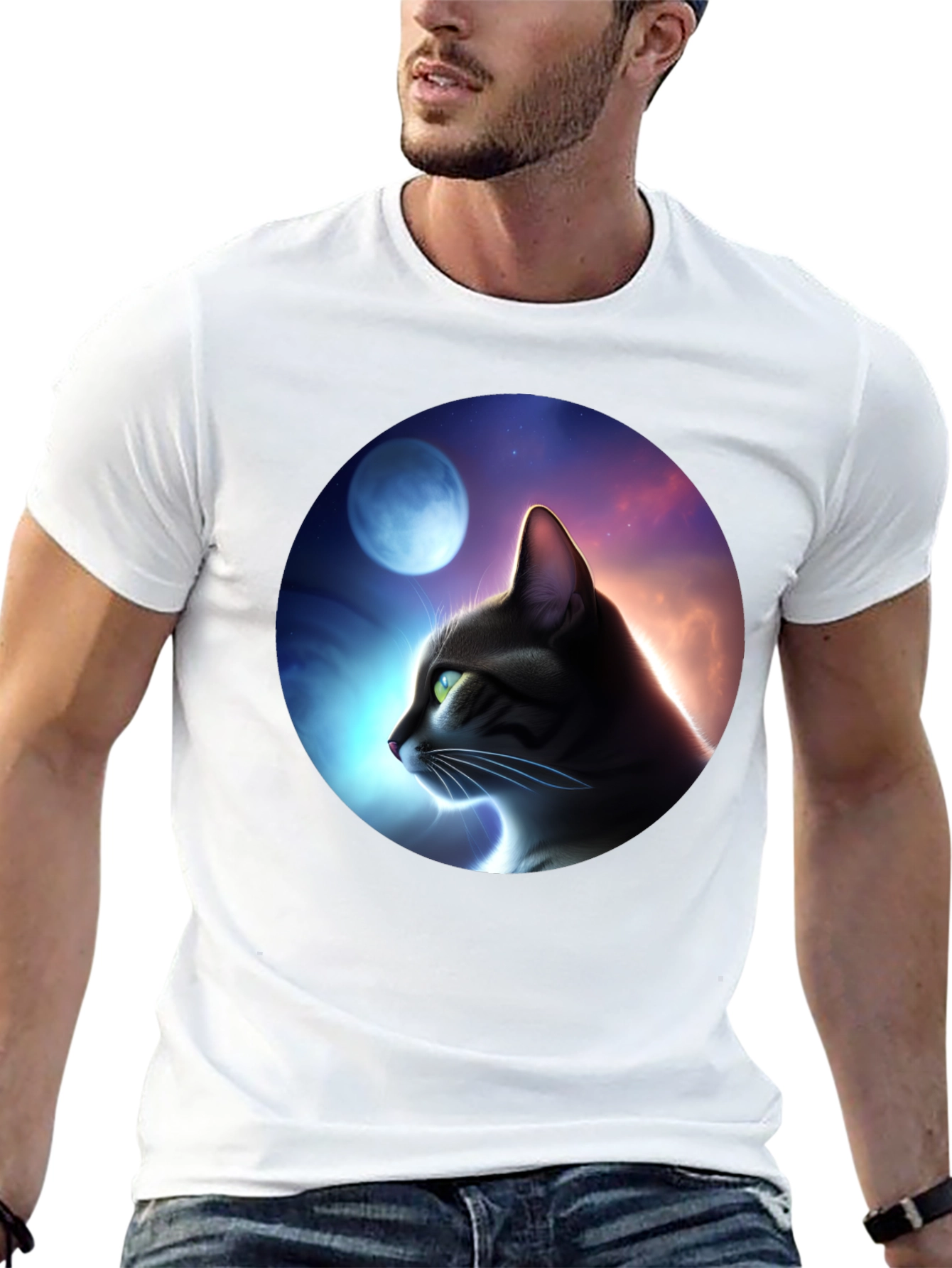 Cat in Moonlit Sky Graphic T-Shirt