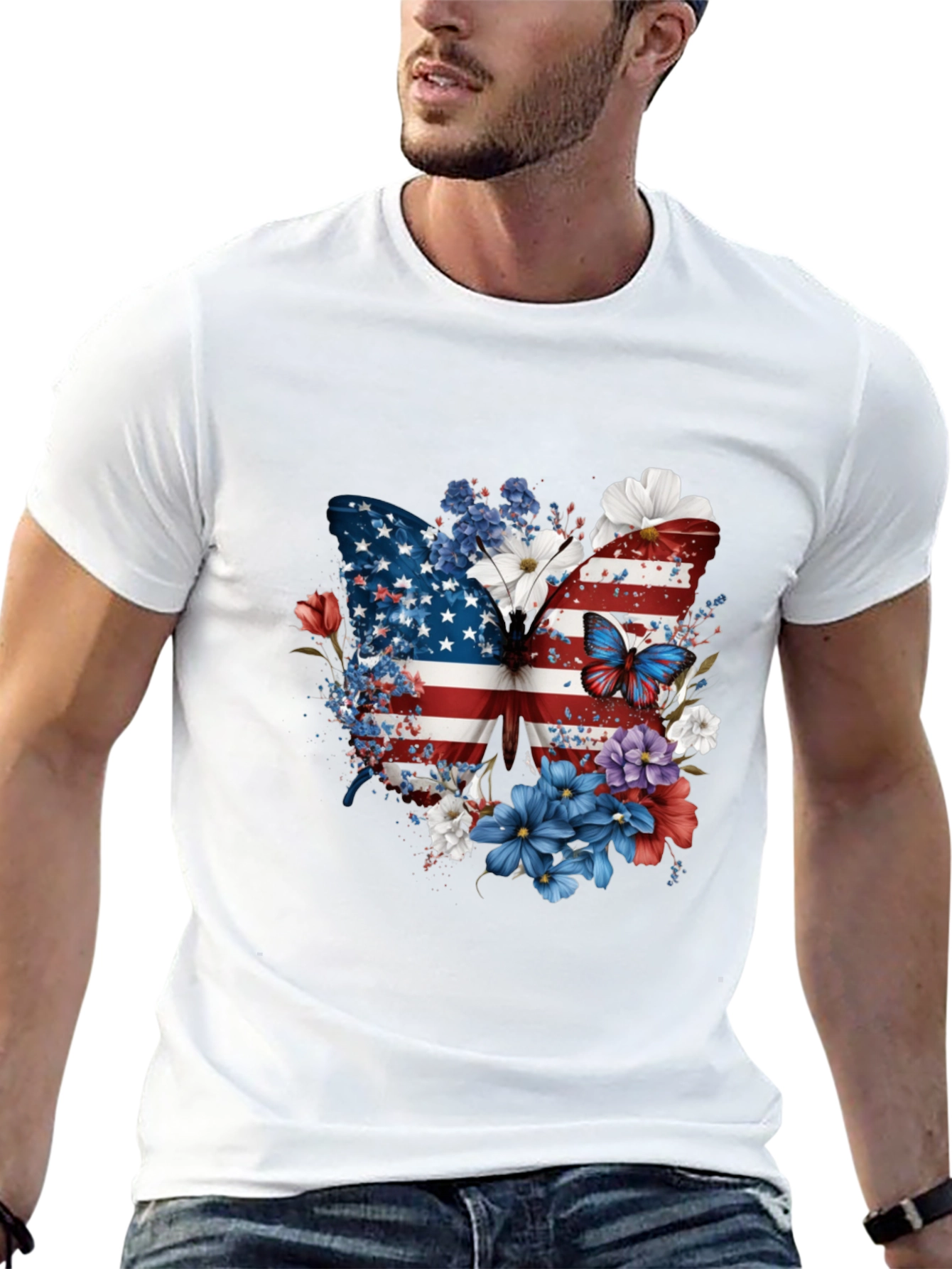 Patriotic Butterfly USA Flag Floral Mens Tee