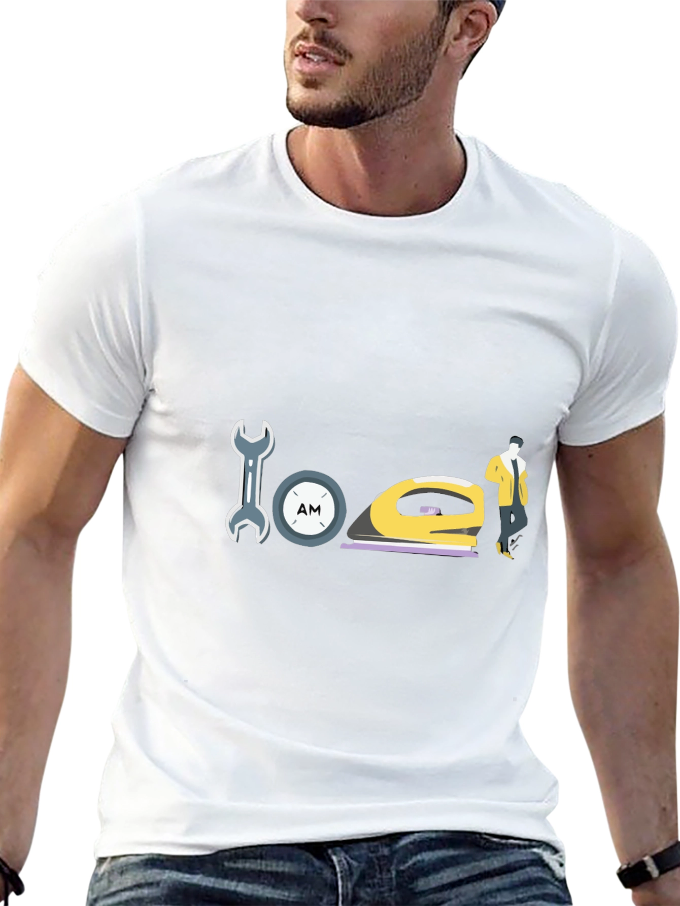 Wrench Clock Iron and Man Graphic Black T-Shirt