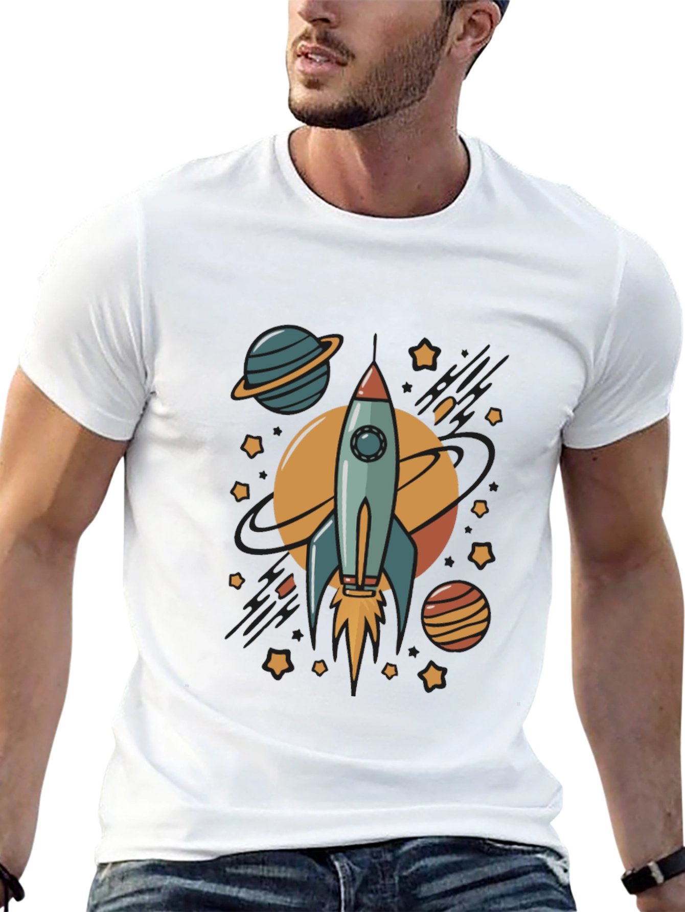 Rocket & Planets Graphic Black T-Shirt