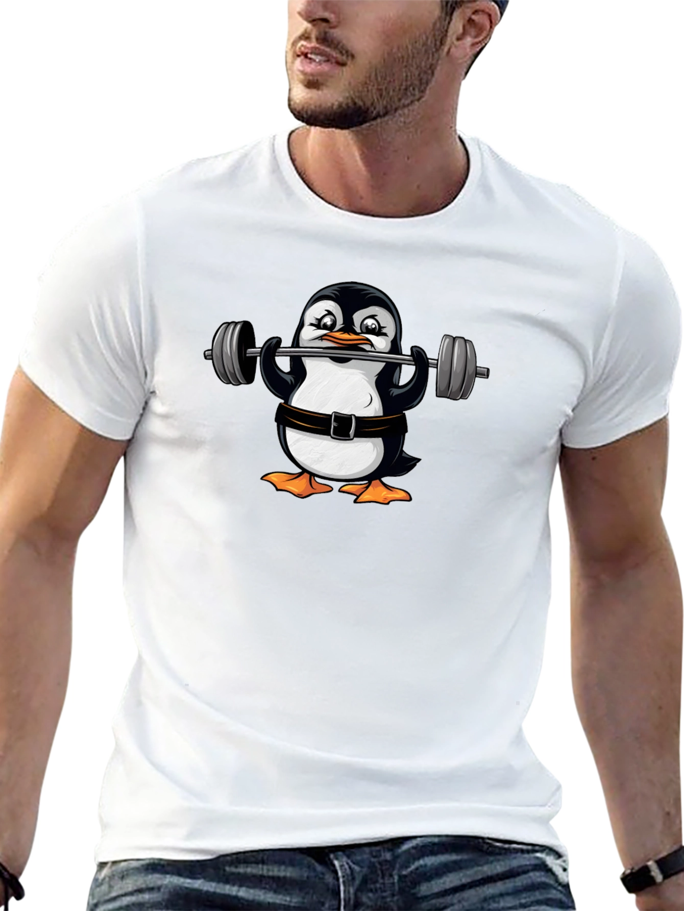 Penguin Lifting Weights Graphic T-Shirt
