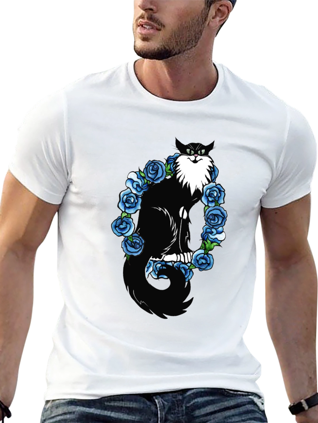 Cat & Blue Roses Graphic Tee