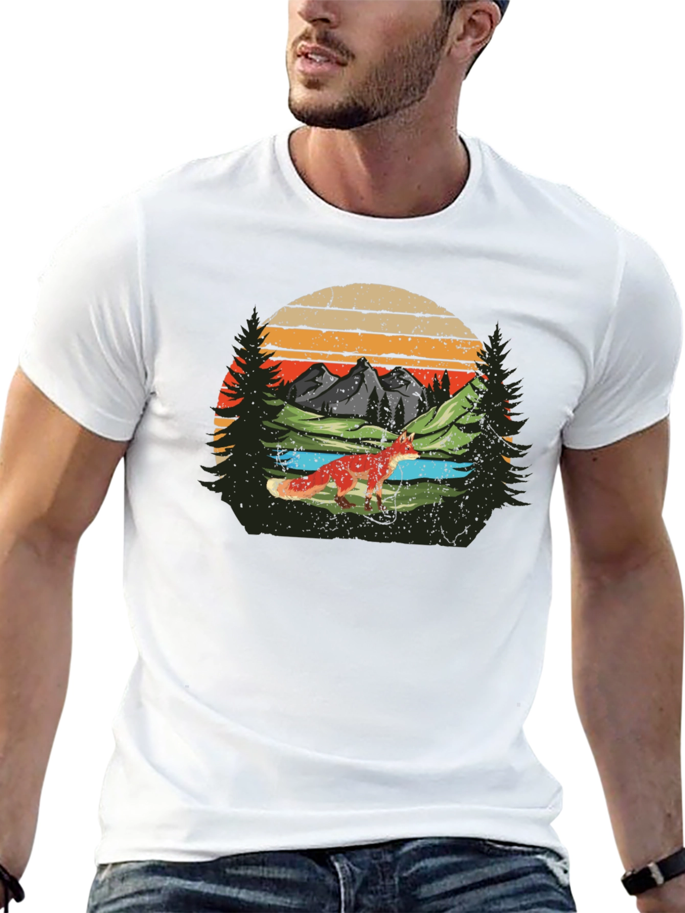 Nature Fox Graphic Tee - Retro Mountain Scene T-Shirt