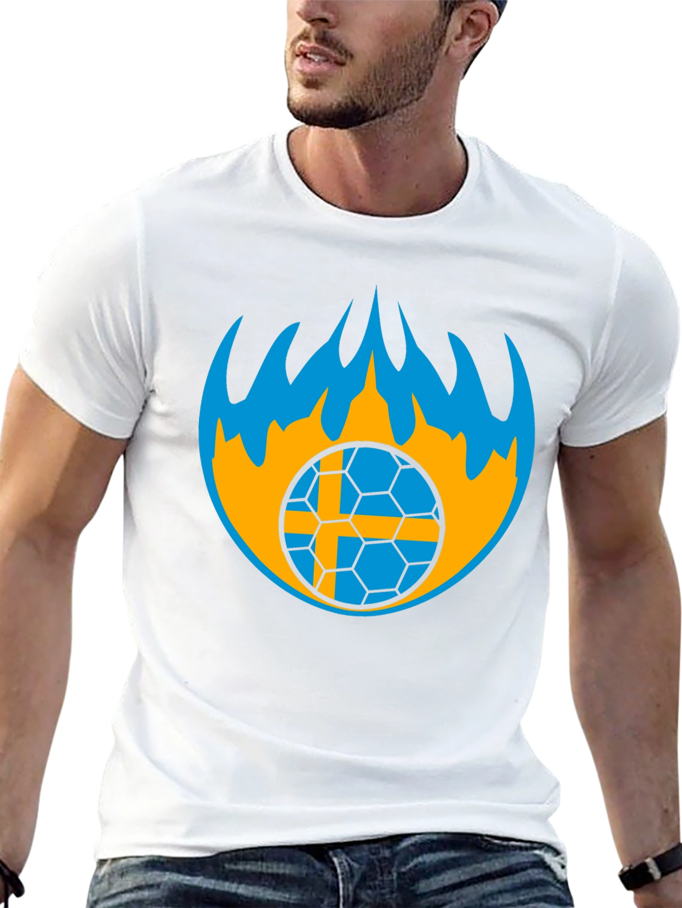 Sweden Soccer Ball Flames Graphic Tee - Black