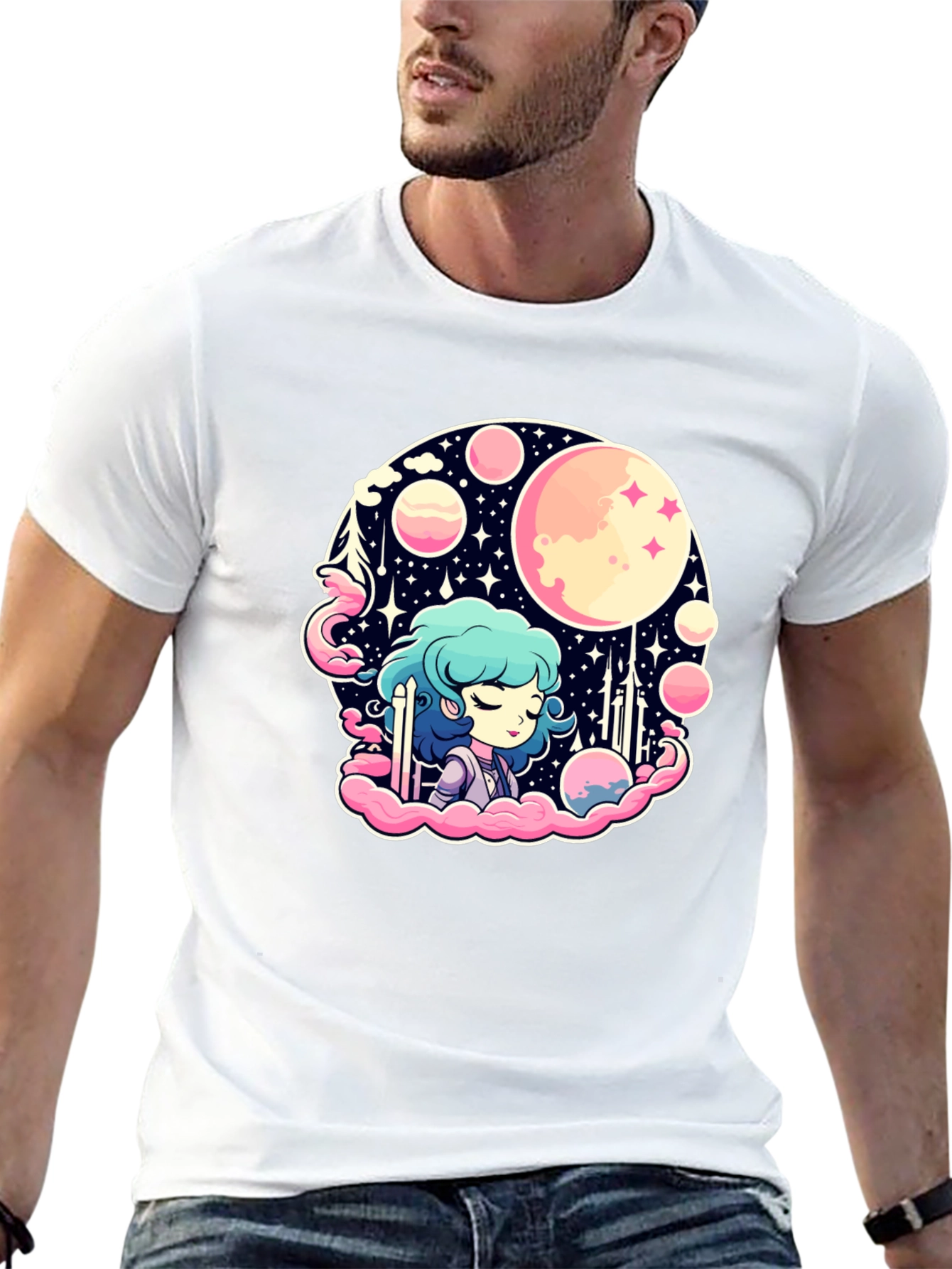 Anime Girl Space Theme Black T-Shirt