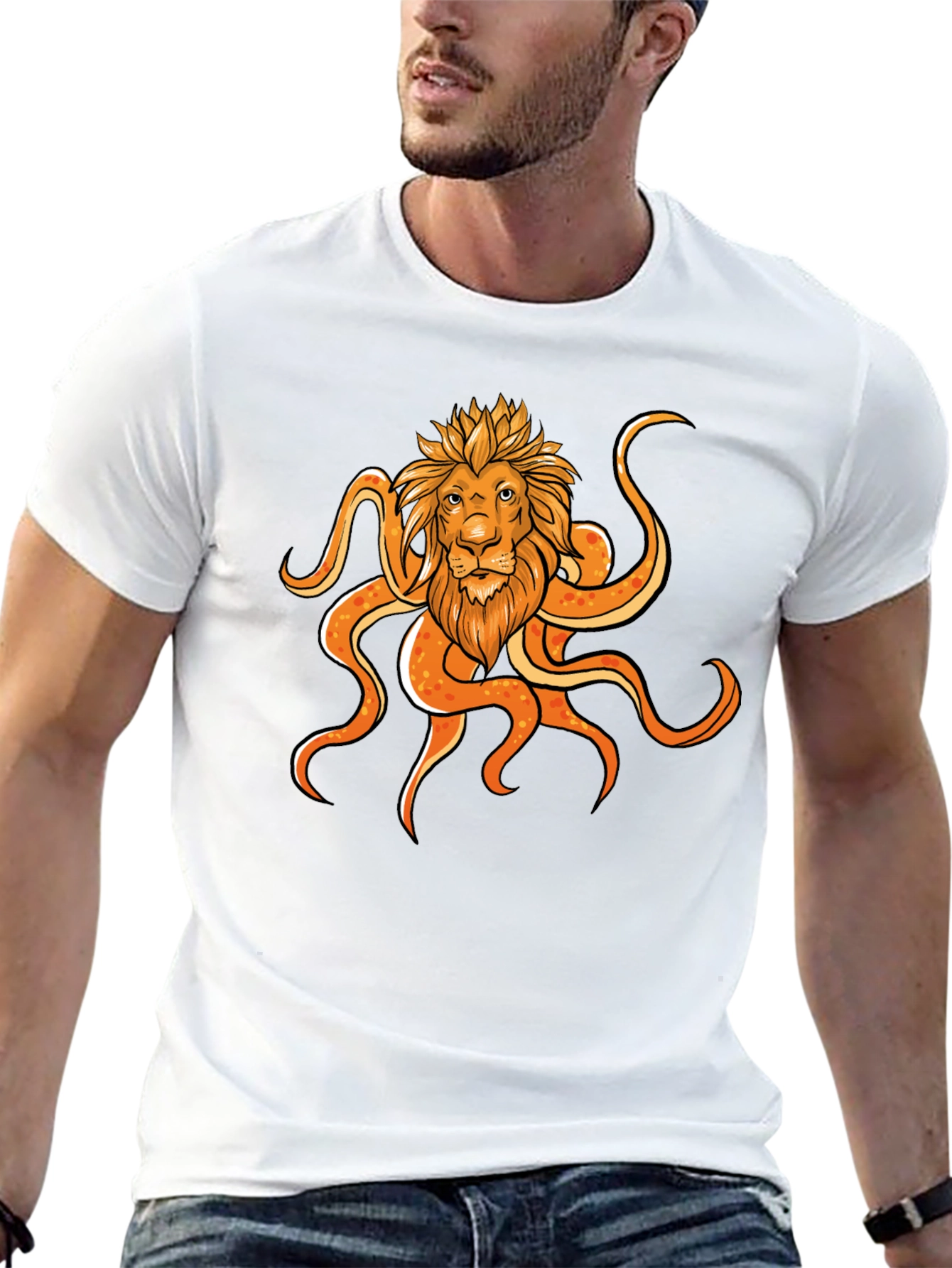 Lion Octopus Graphic Black T-Shirt