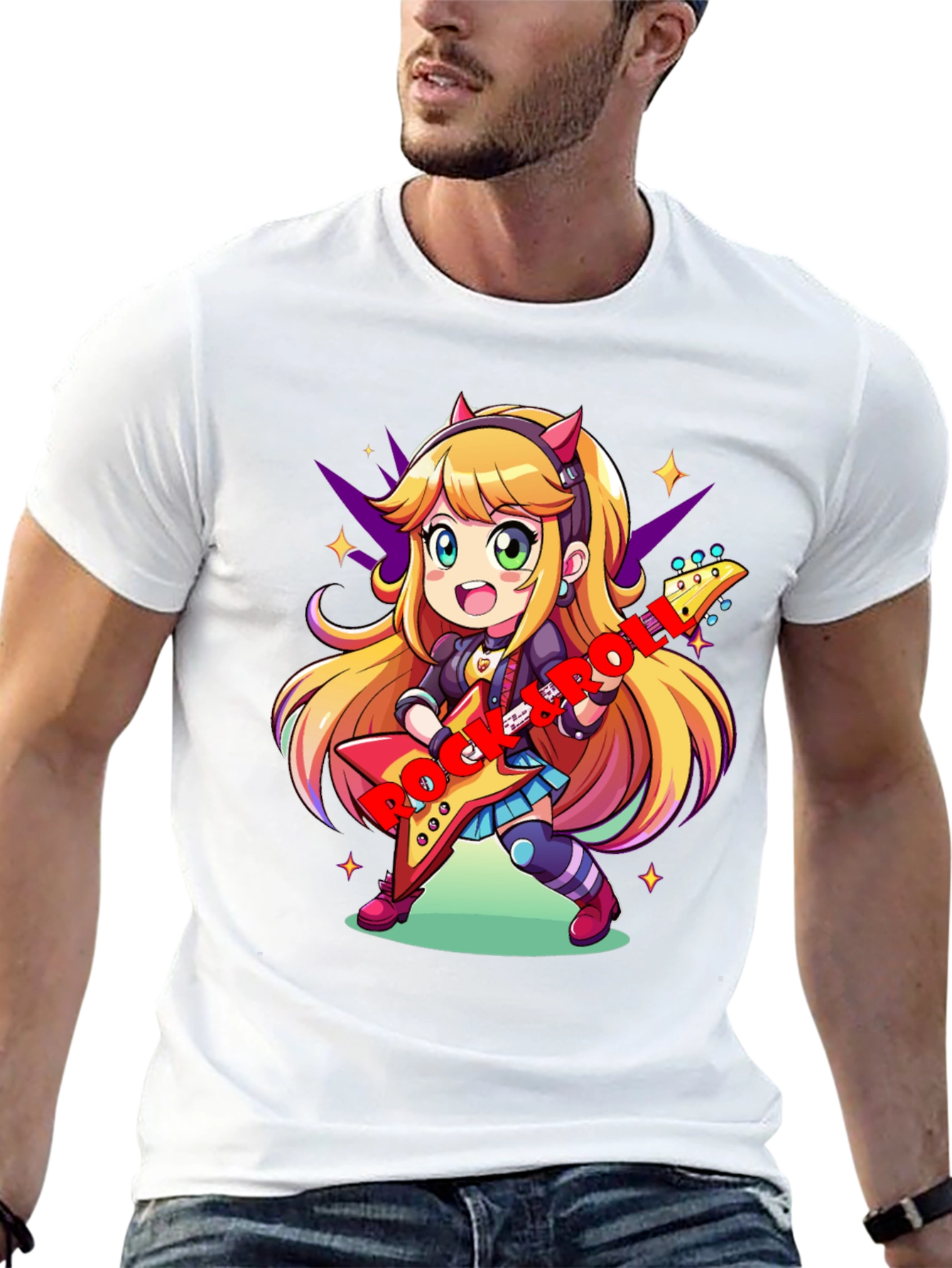 Anime Girl Guitarist Black T-Shirt