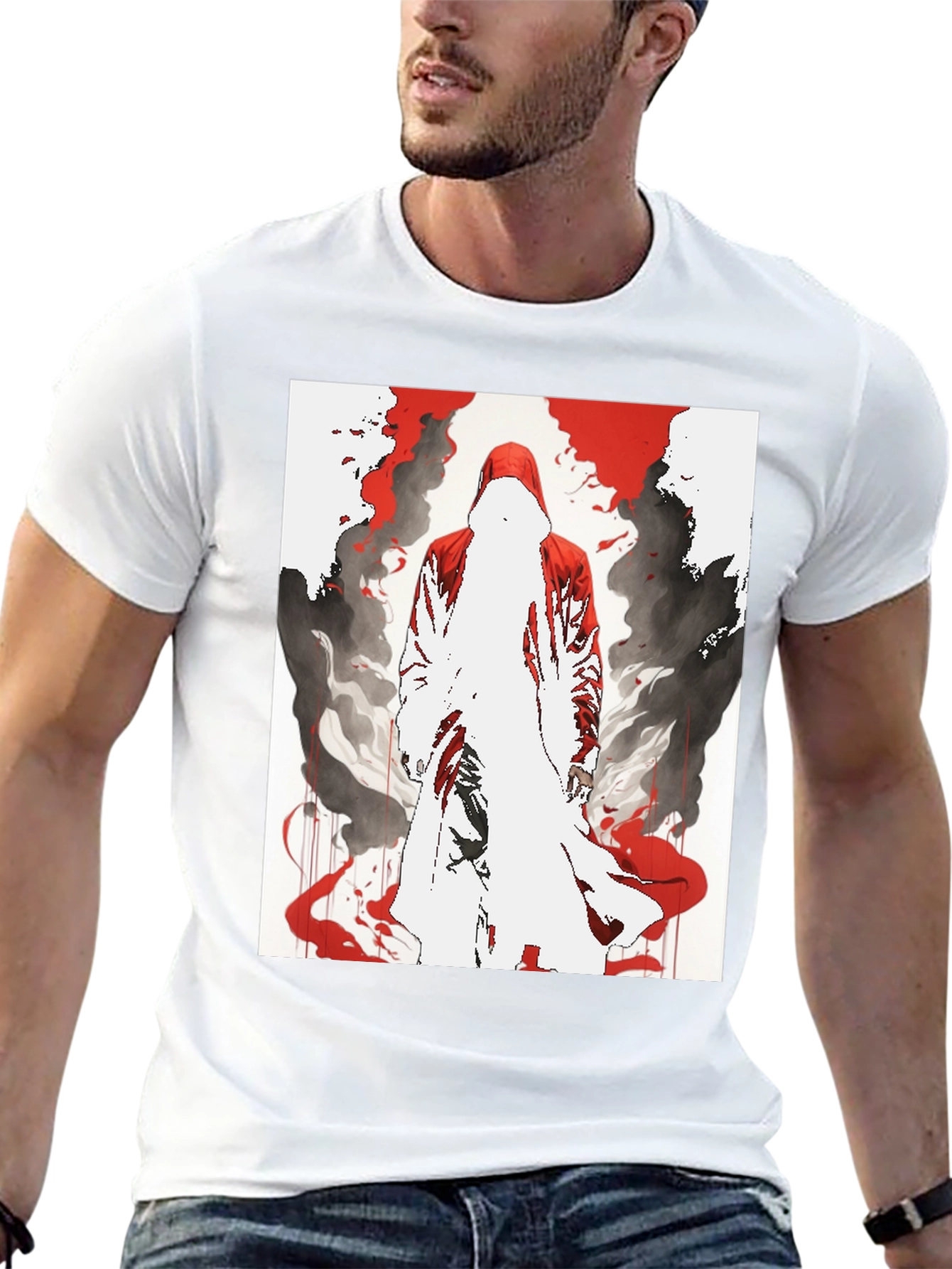 Red Hooded Figure Graphic Black T-Shirt