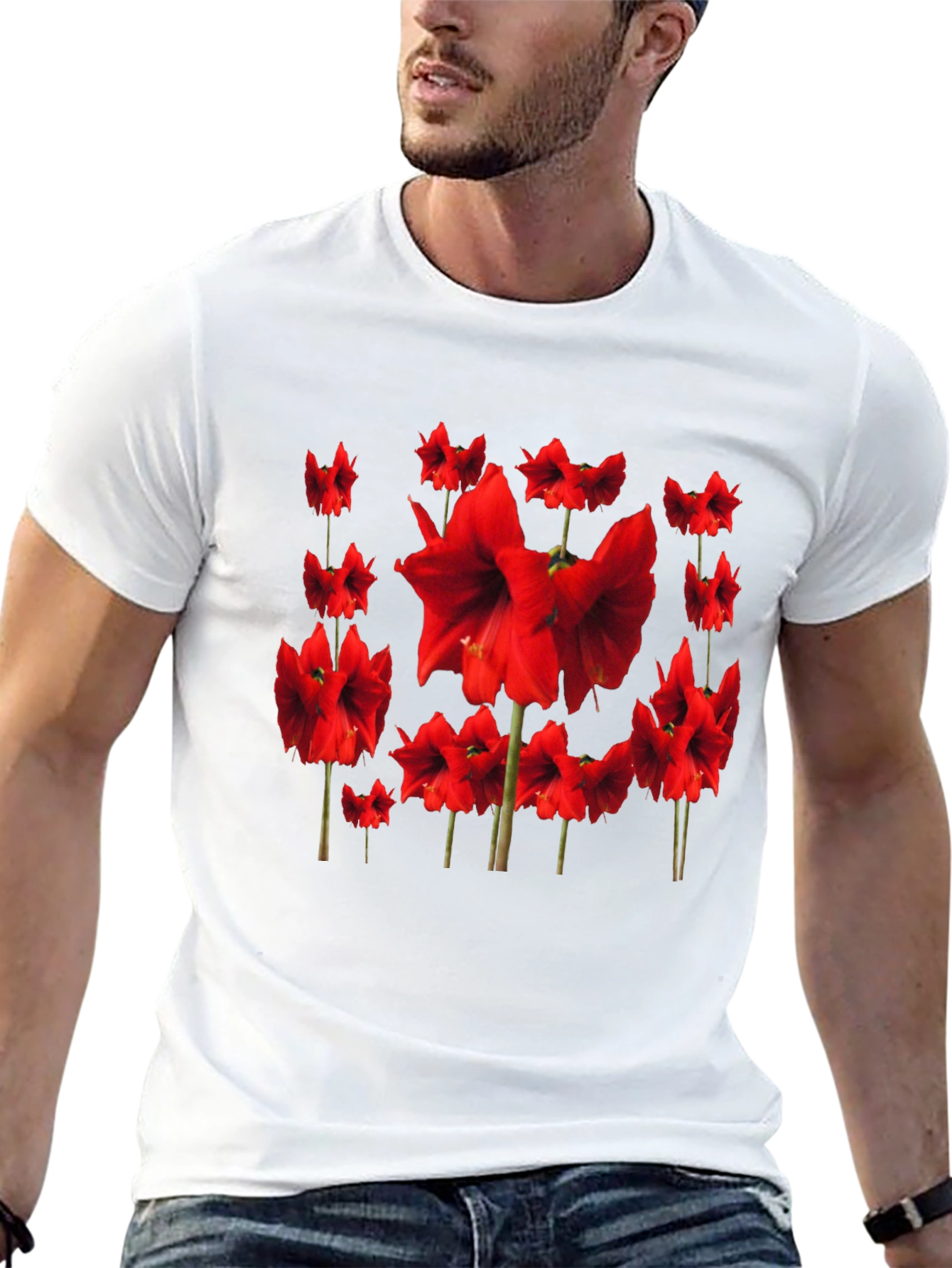 Red Amaryllis Flower Print Black T-Shirt
