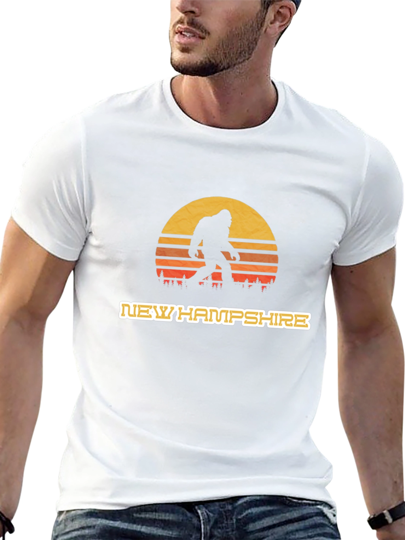 New Hampshire Bigfoot T-Shirt - Retro Sunset Design