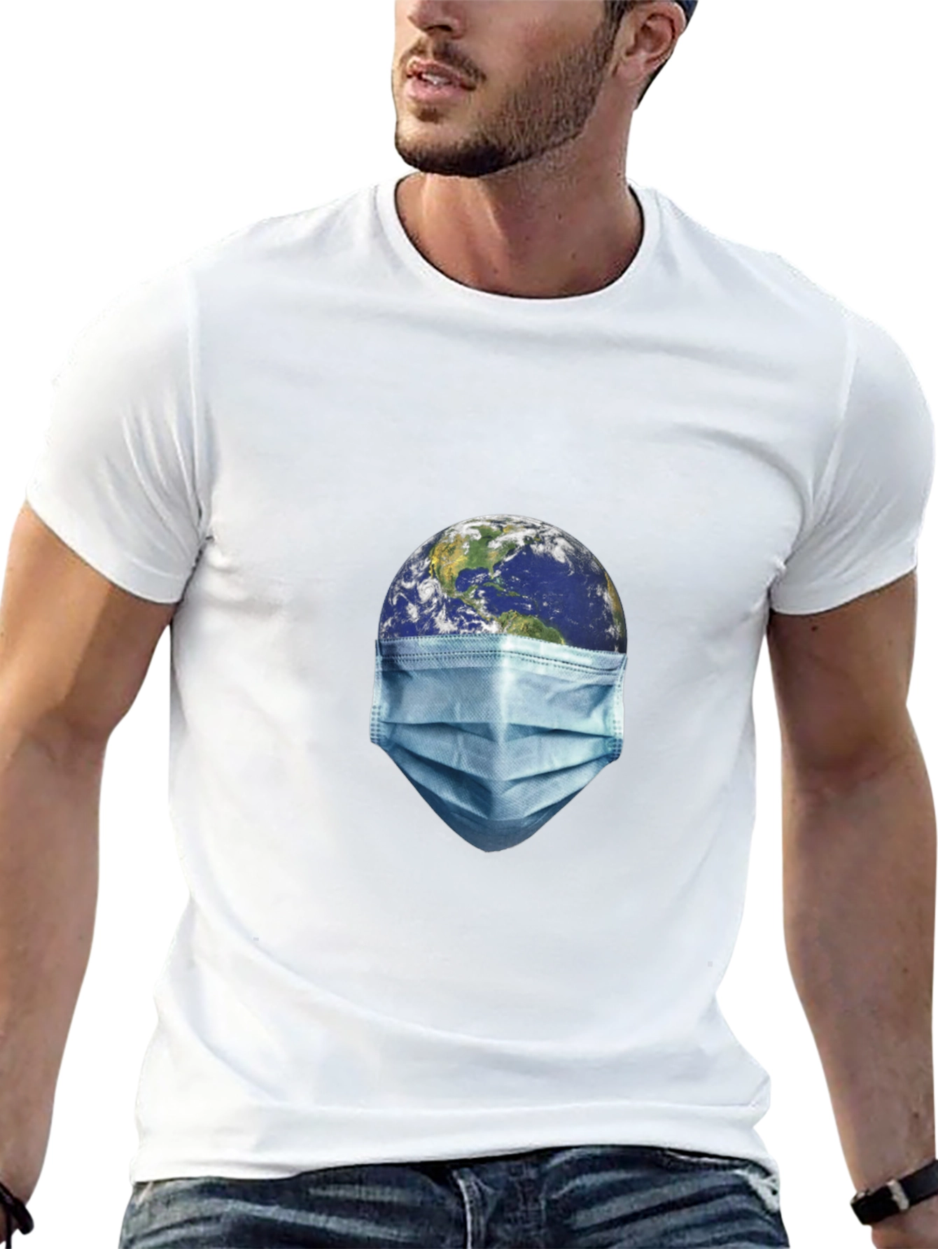 Earth Wearing Mask Black Graphic T-Shirt