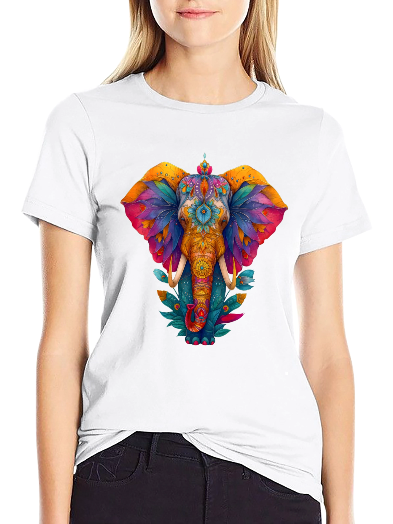 Vibrant Elephant Graphic Tee - Black Cotton Blend