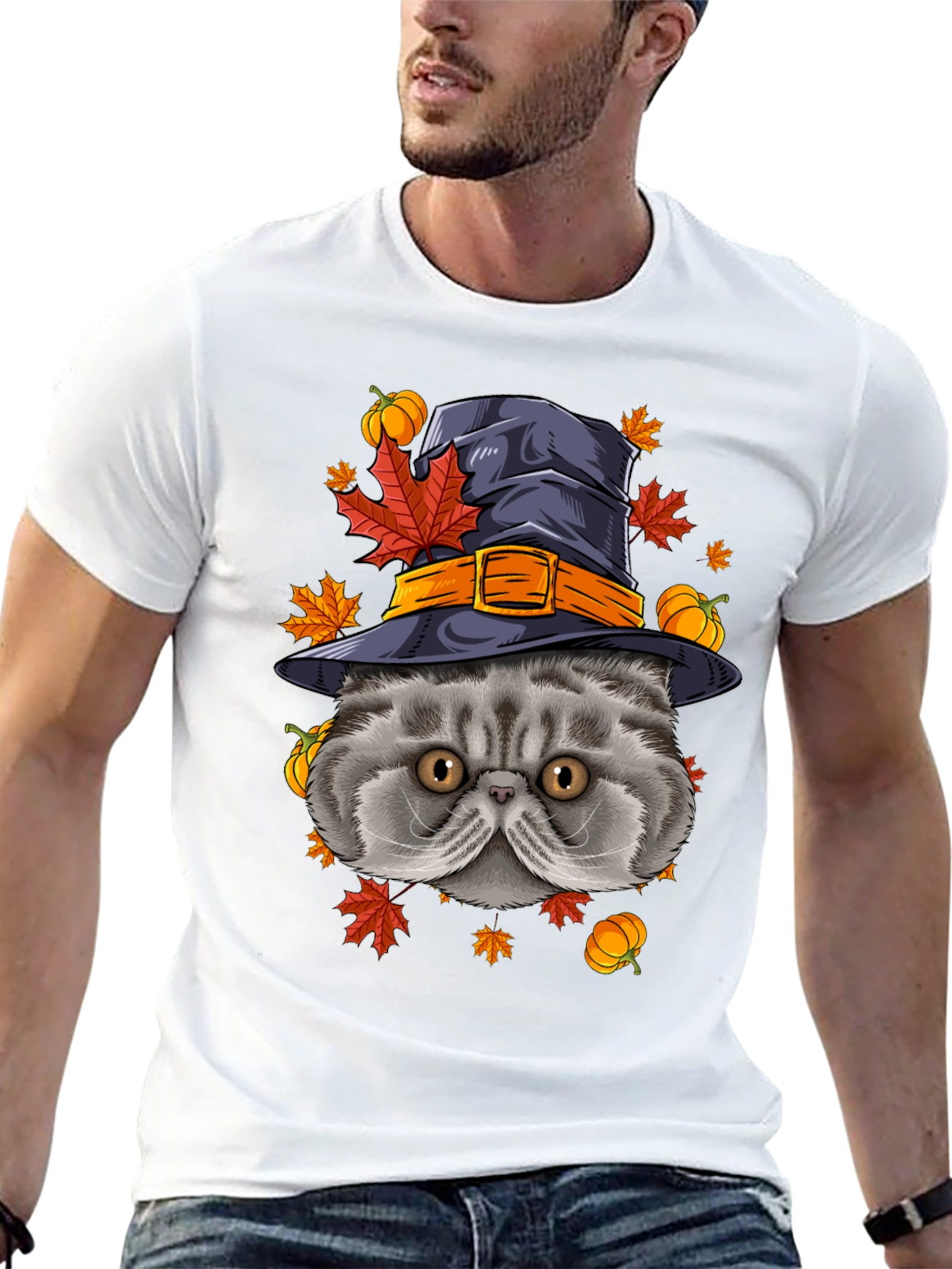 Halloween Cat T-Shirt with Witch Hat & Pumpkins