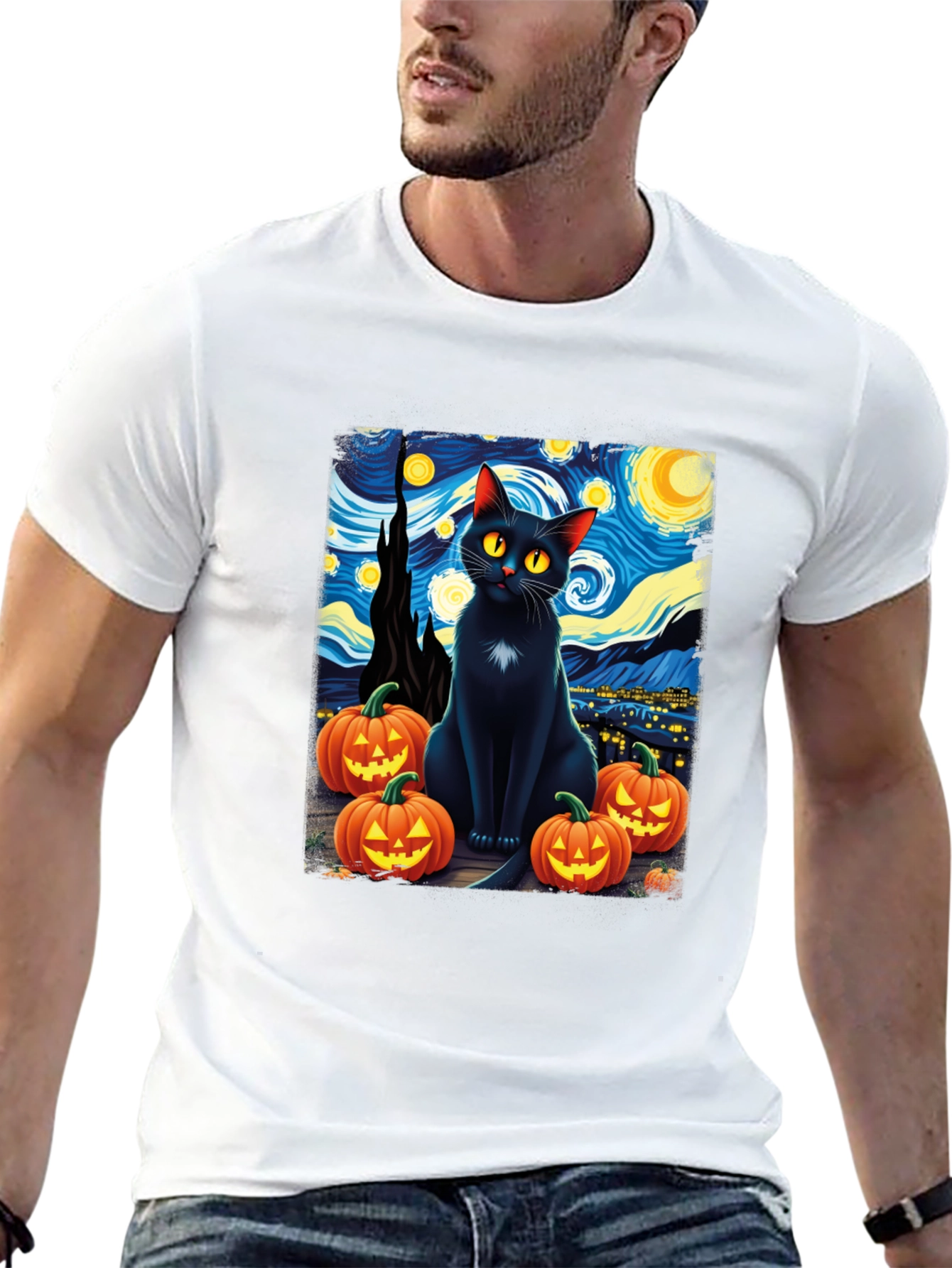 Starry Night Cat Halloween T-Shirt