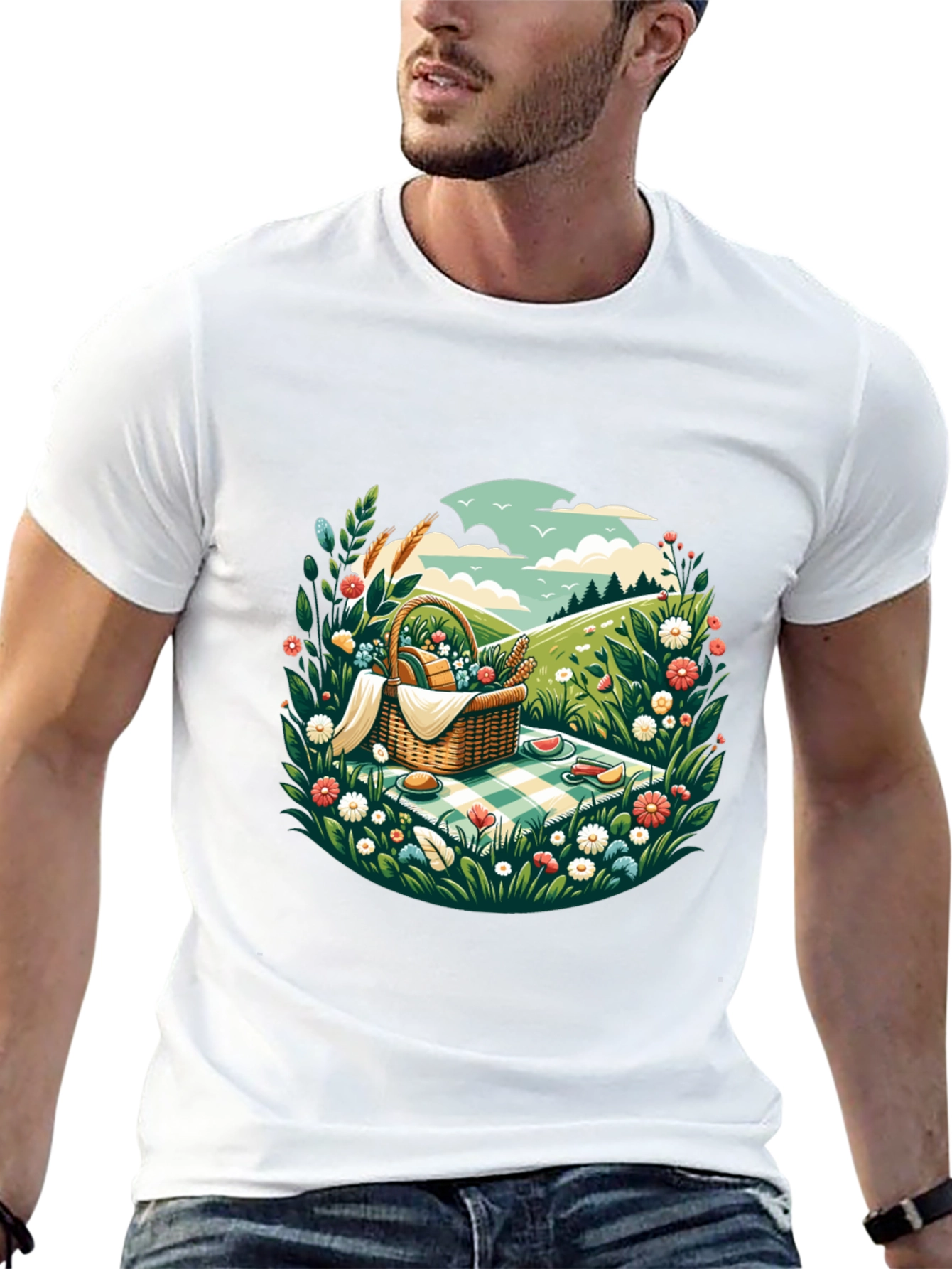 Picnic Scene Graphic Tee - Black Cotton T-Shirt