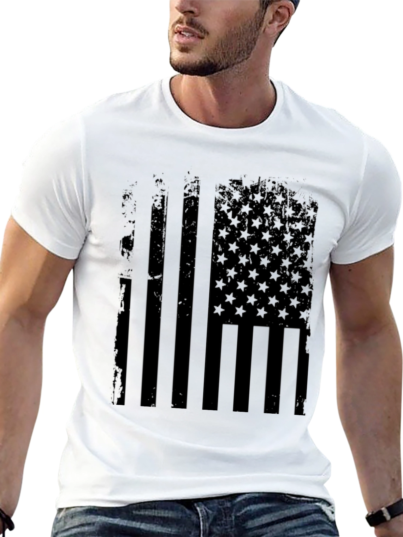 Distressed American Flag Graphic Tee - Black