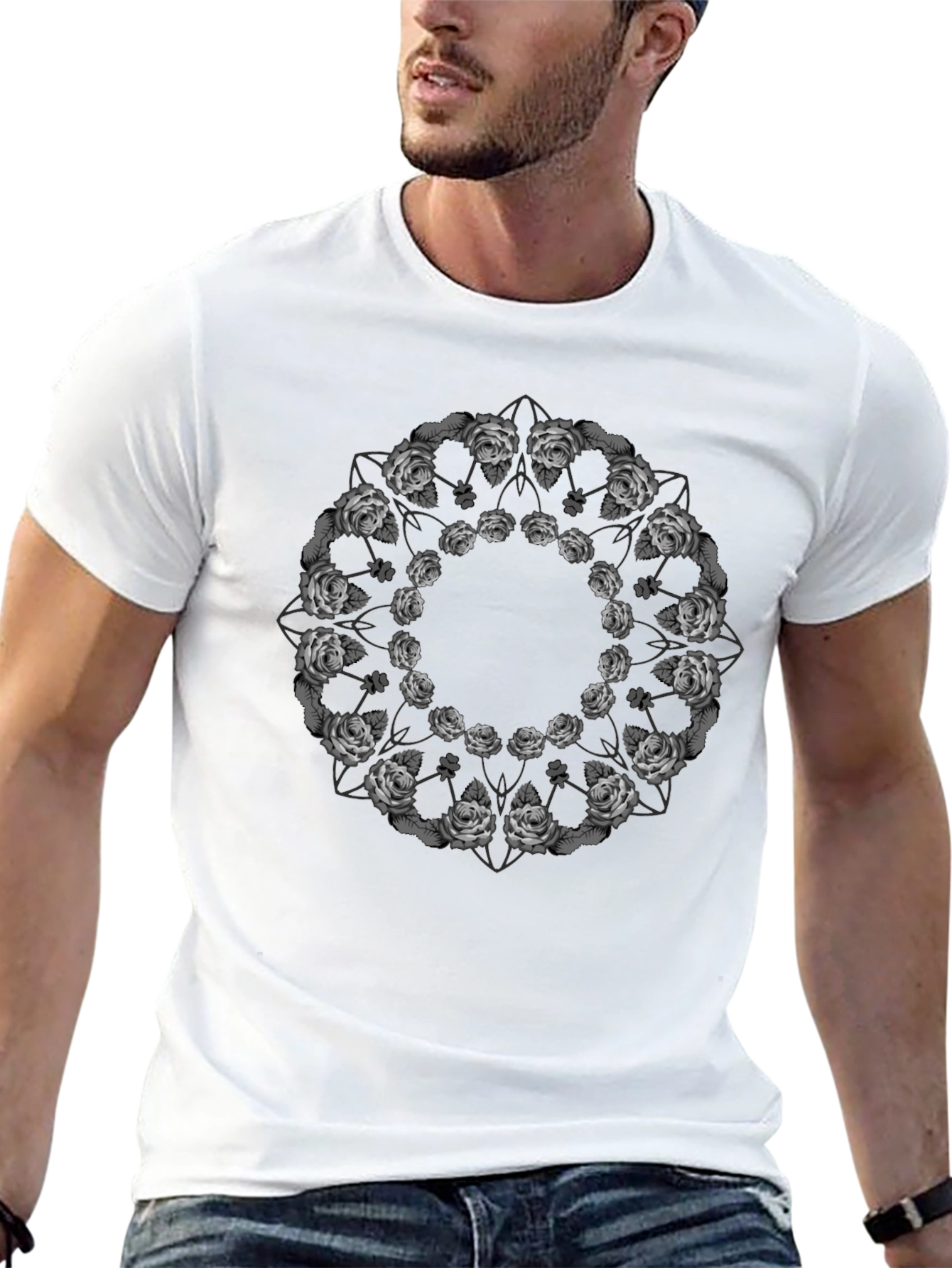 Rose Mandala Graphic Tee - Black Casual T-Shirt
