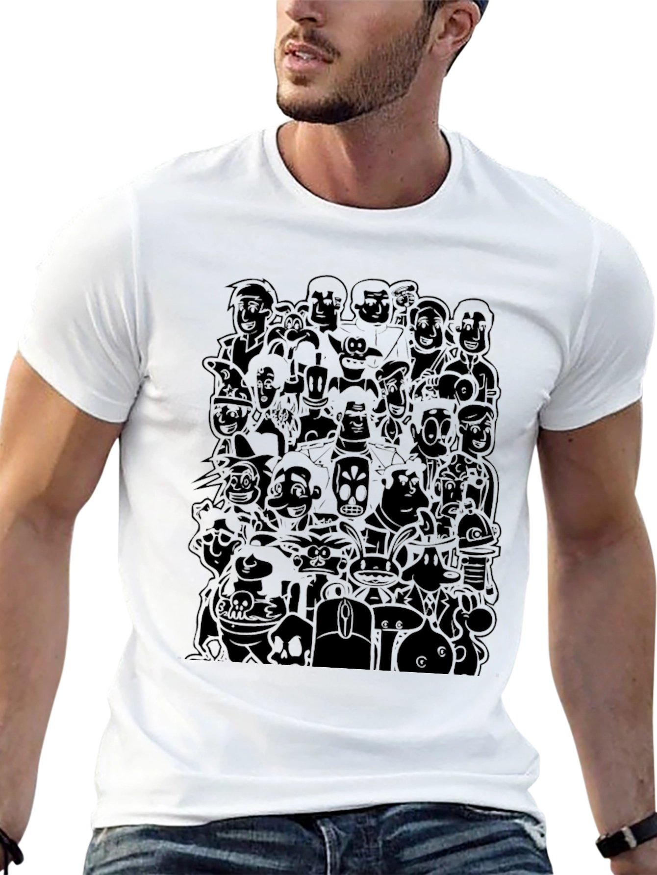 Retro Cartoon Character Print Black T-Shirt