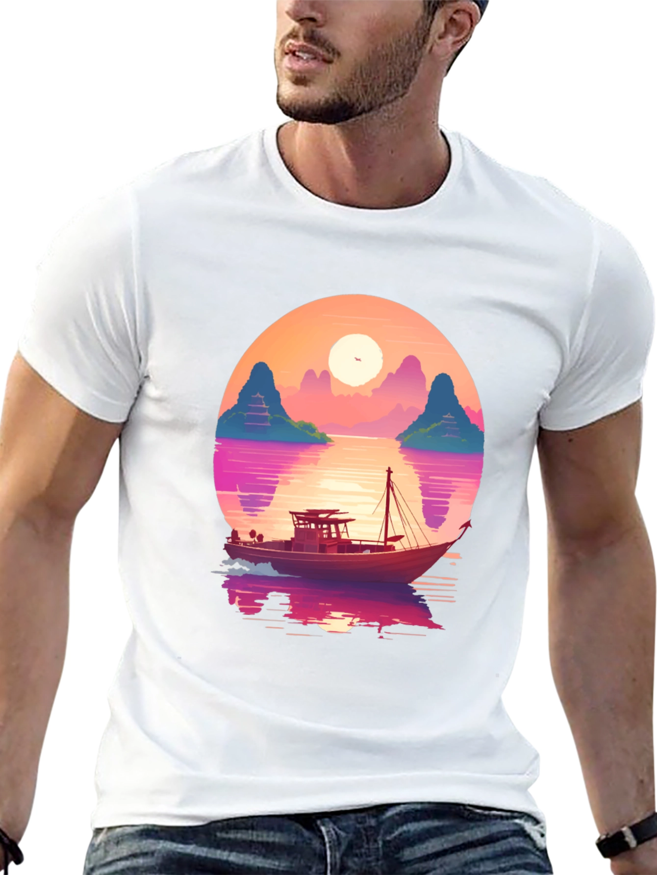 Sunset Boat Graphic Tee - Retro Style