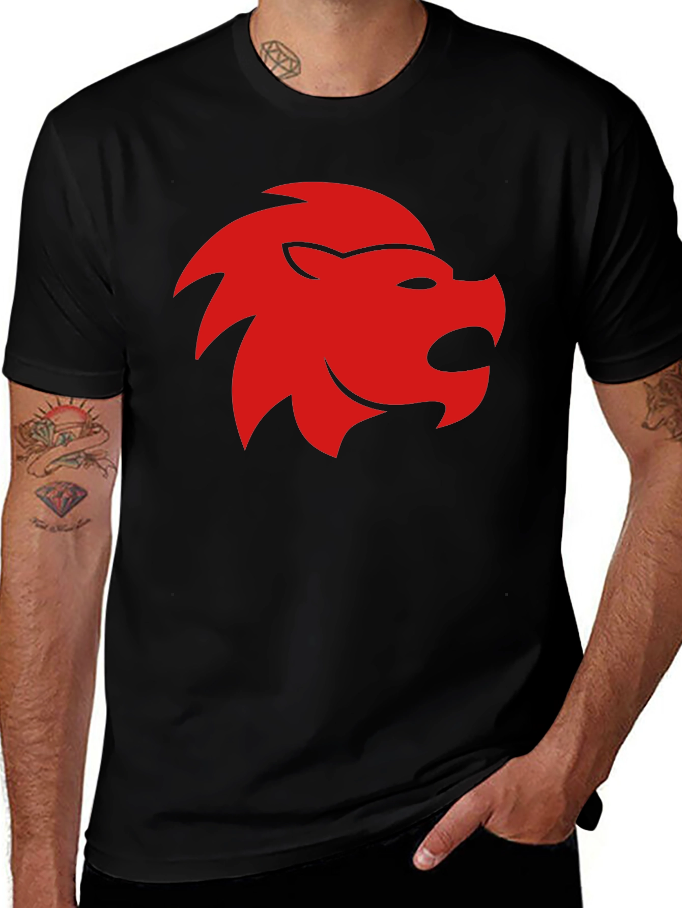 Bold Lion Head Graphic Tee - Black Cotton