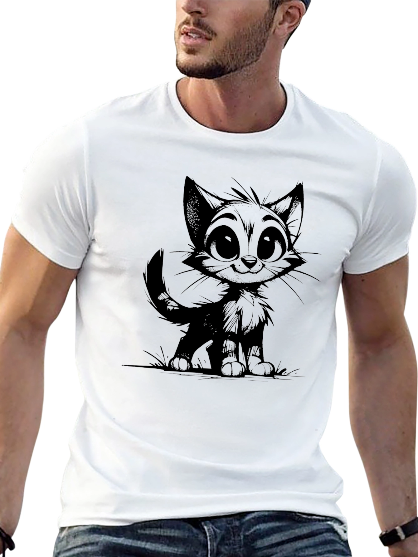 Cartoon Cat Graphic Tee - Mens Black T-Shirt