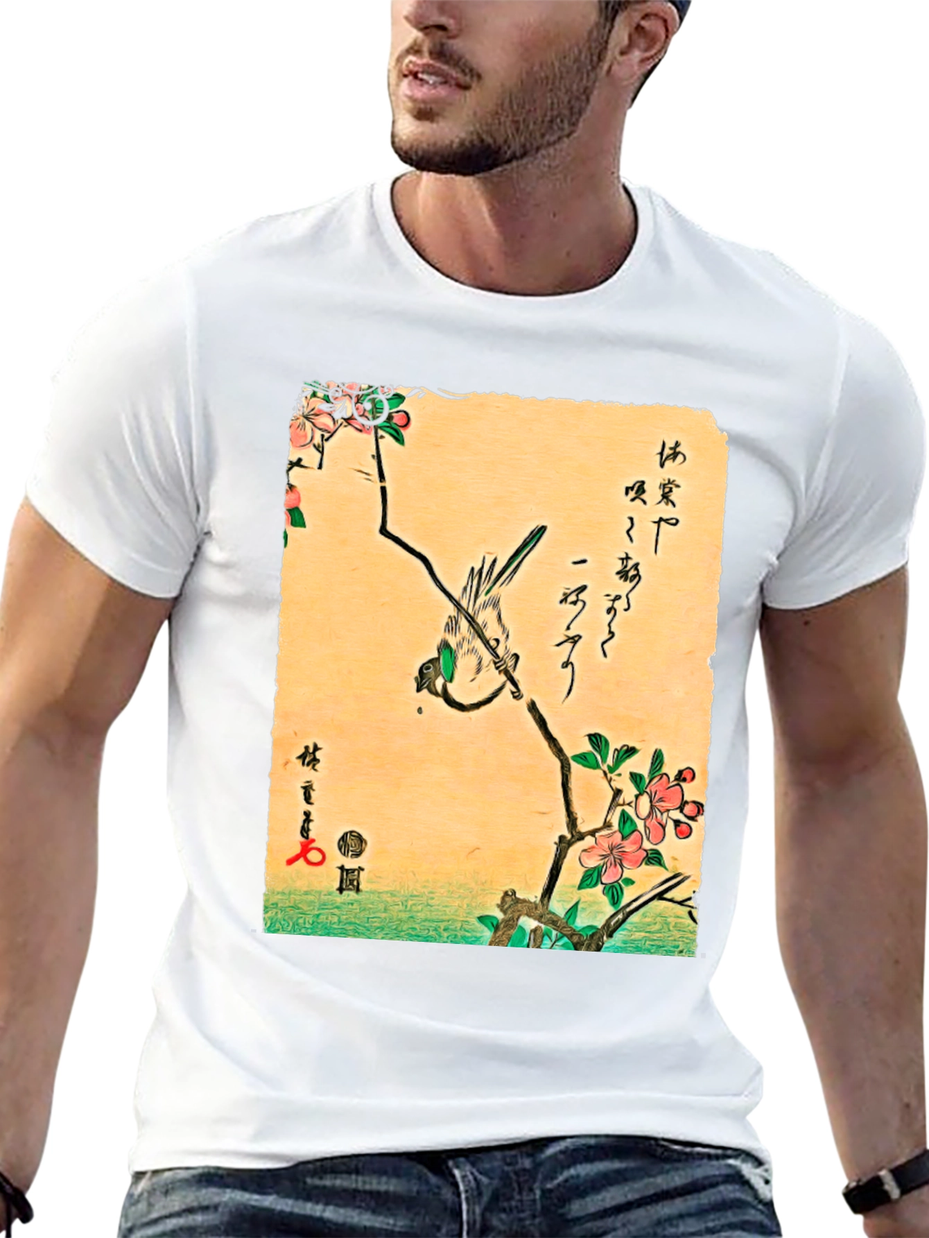 Japanese Art T-Shirt: Bird on Cherry Blossom Branch