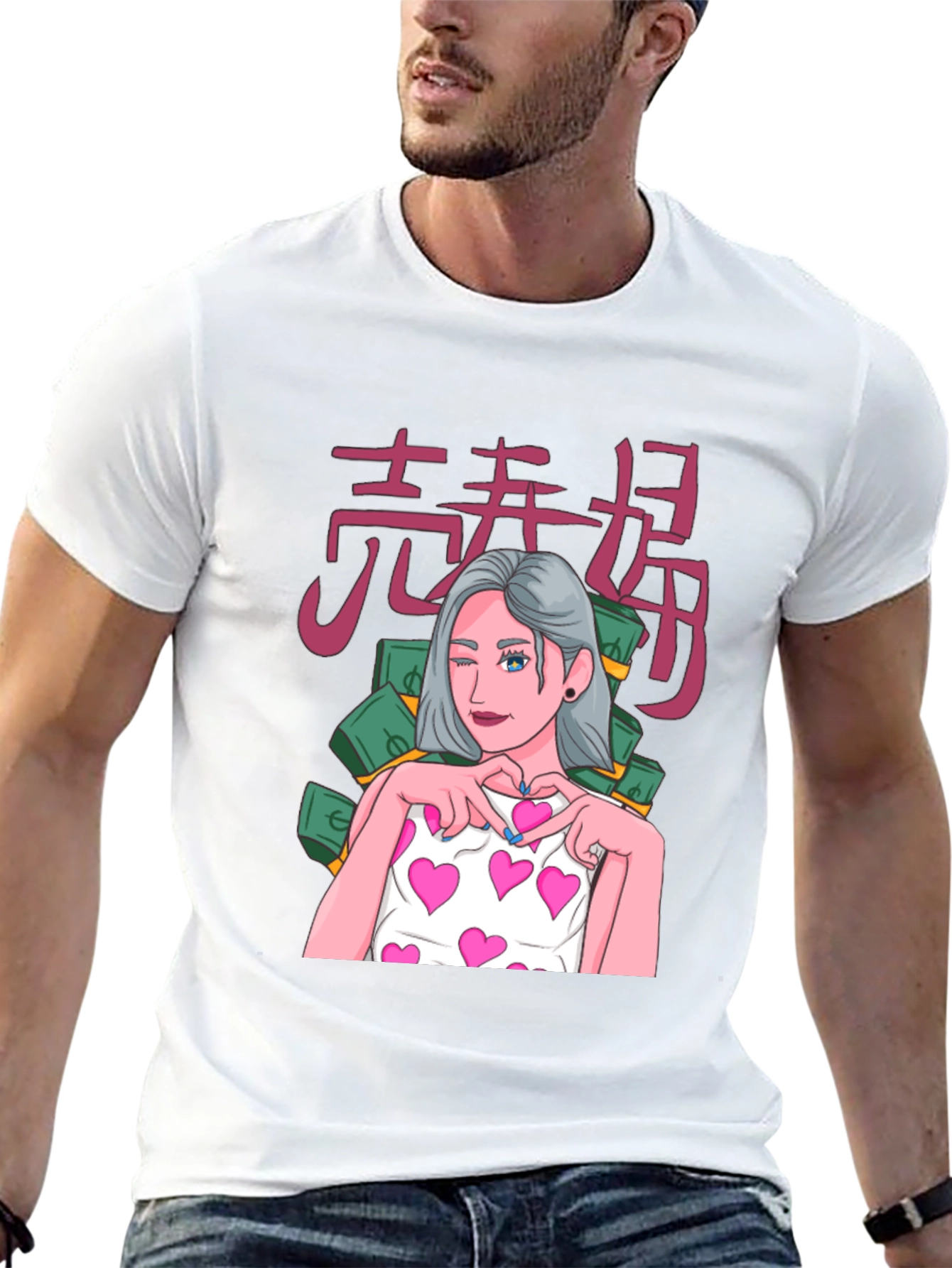 Black Graphic Tee - Anime Girl with Hearts
