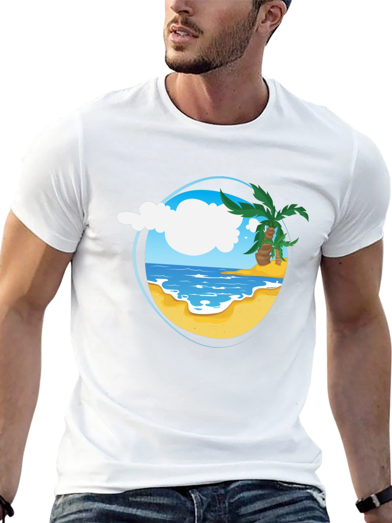 Tropical Beach Graphic Tee - Black Cotton Shirt