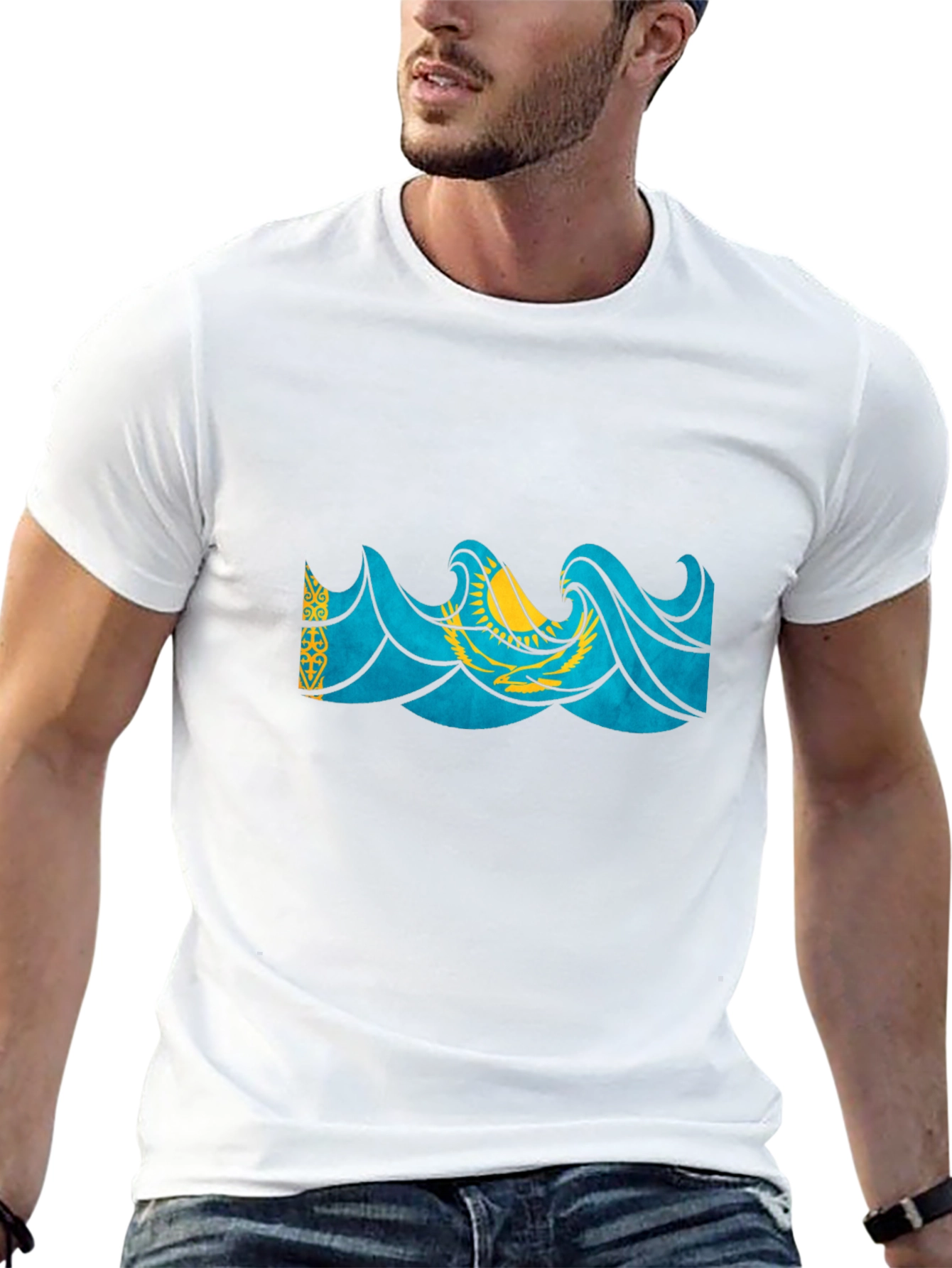 Kazakhstan Flag Wave Graphic Black T-Shirt