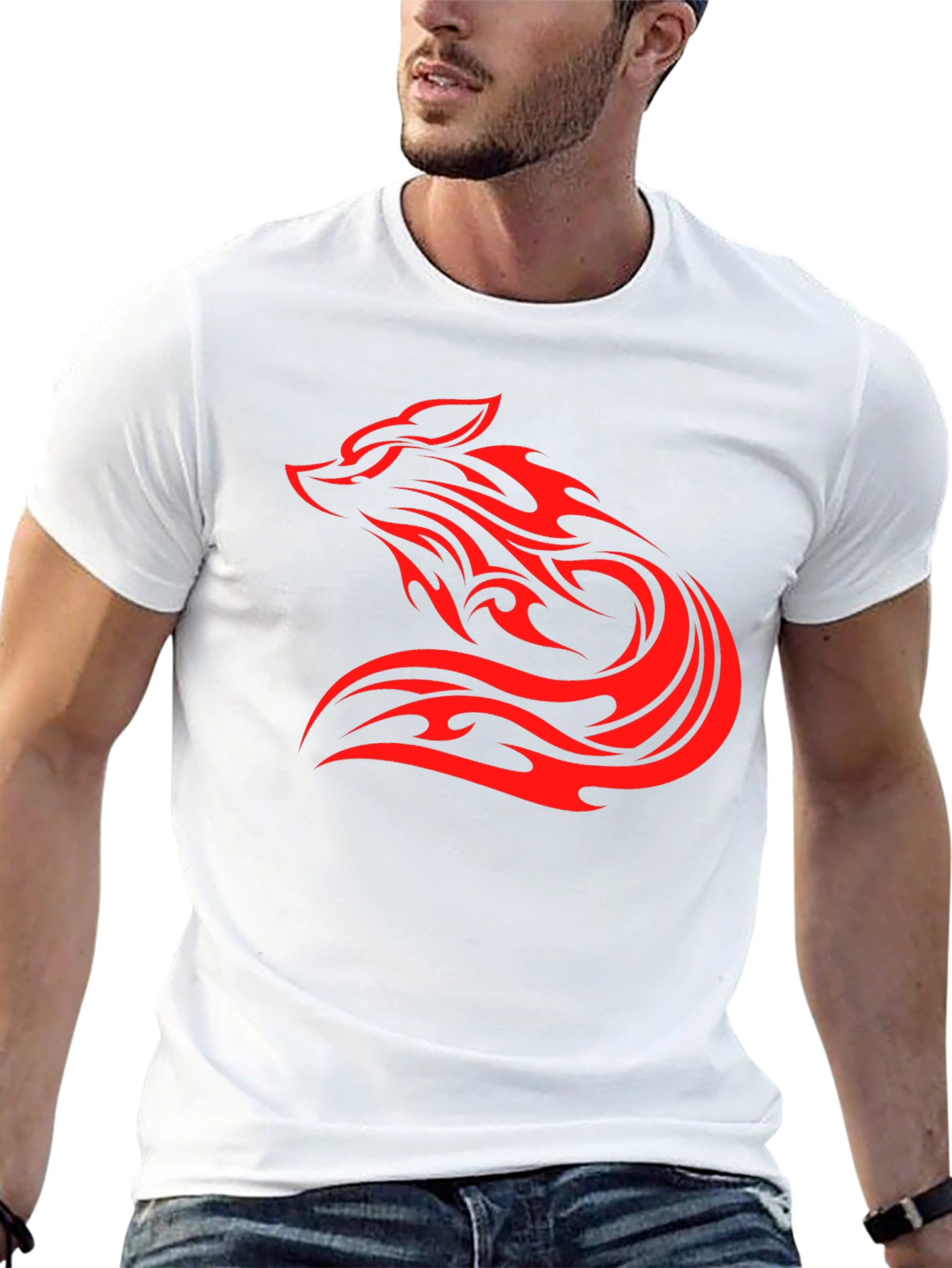 Mens Black T-Shirt with Red Tribal Wolf Design