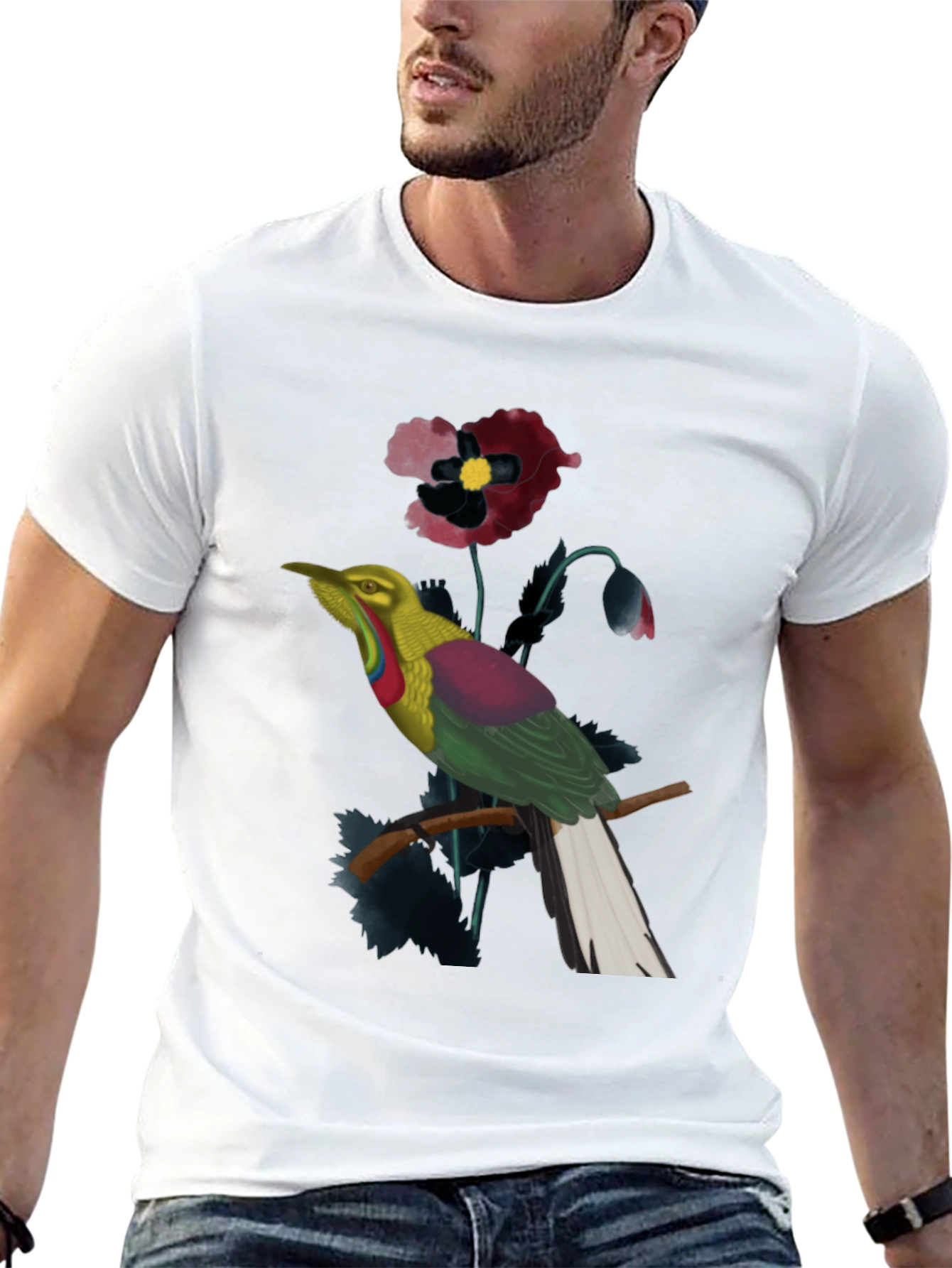 Exotic Bird & Floral Print Black T-Shirt