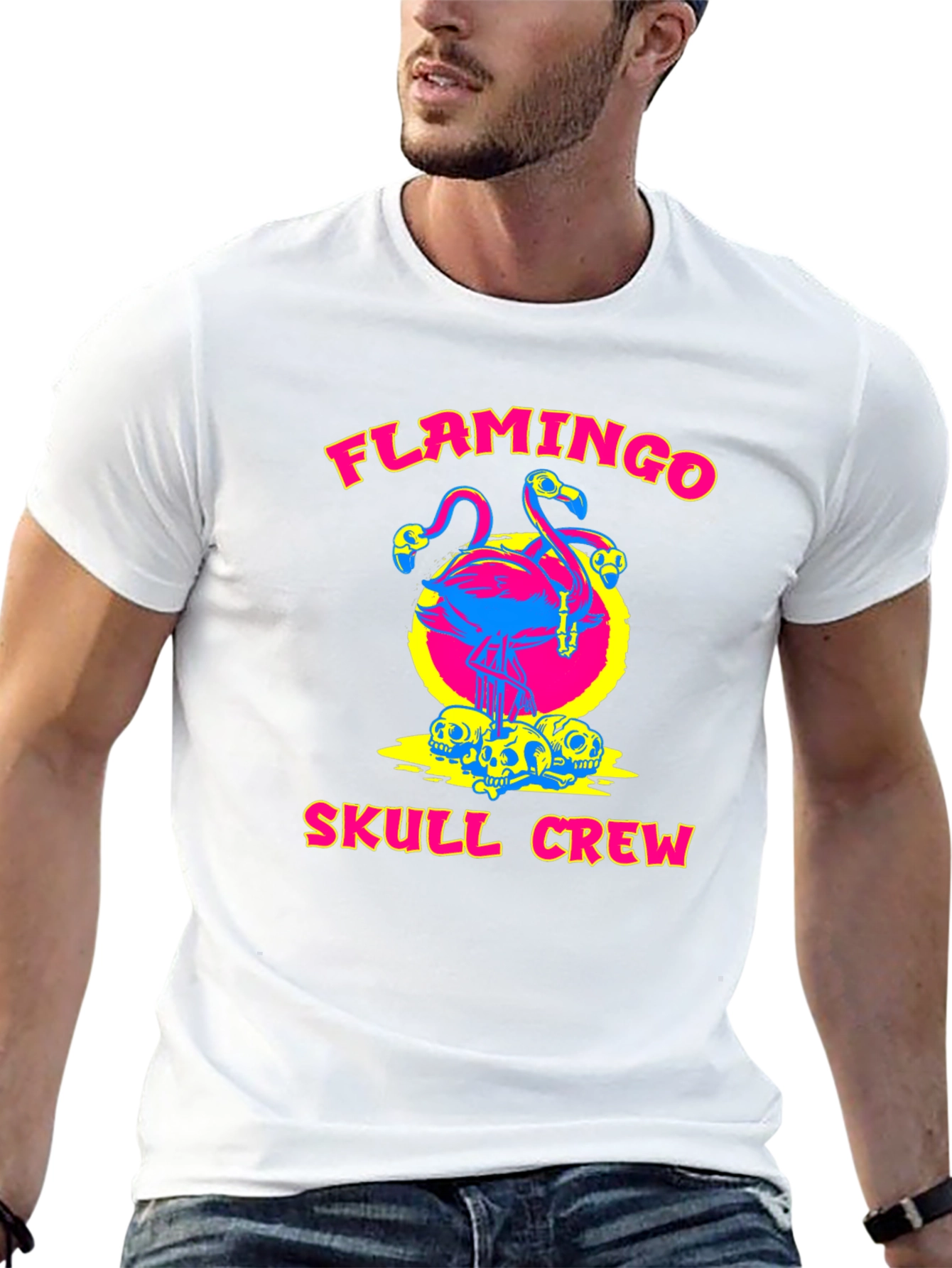 Flamingo Skull Crew Black Graphic Tee