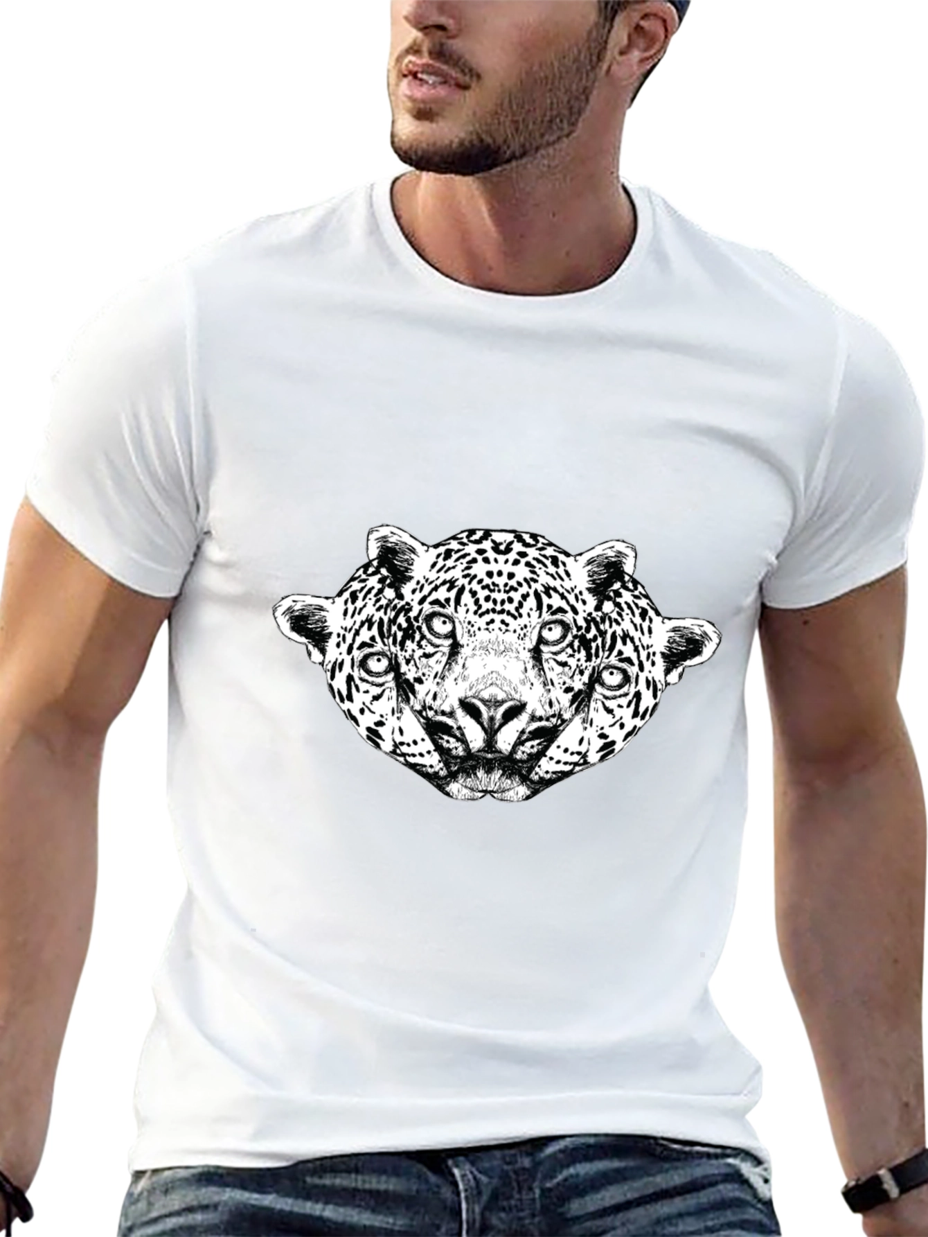 Unique Three Headed Leopard Graphic Black Tee