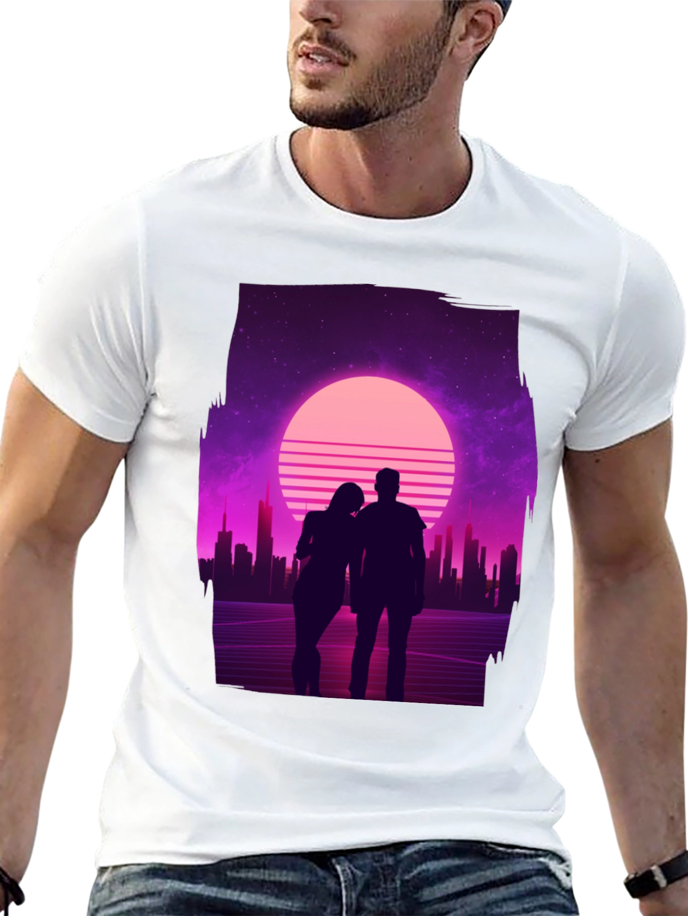 Retro Sunset Couple T-Shirt - Black