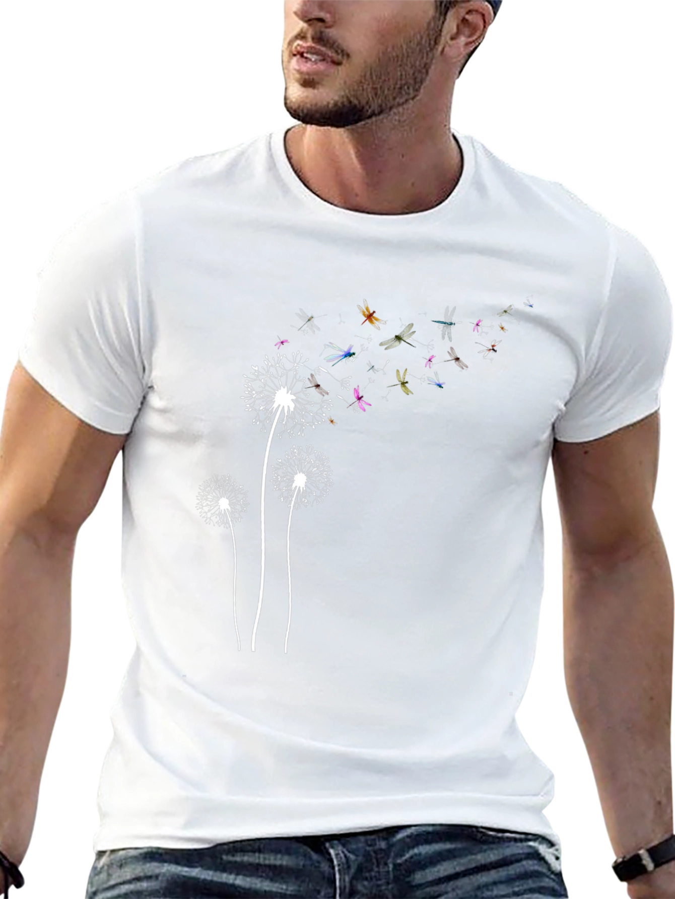 Dandelion Dragonfly Print Black T-Shirt