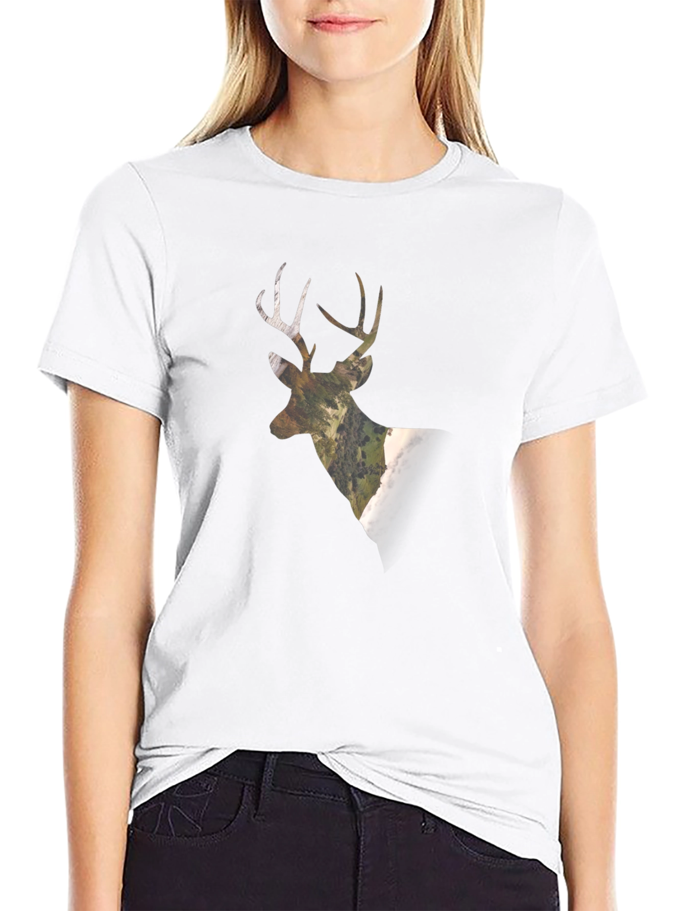 Camo Deer Graphic Tee - Black Cotton Blend