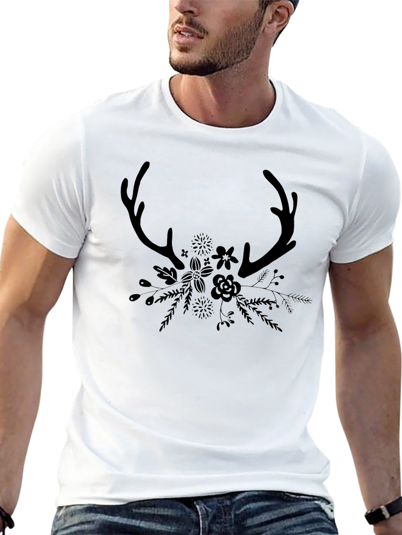 Antler & Floral Graphic Black T-Shirt