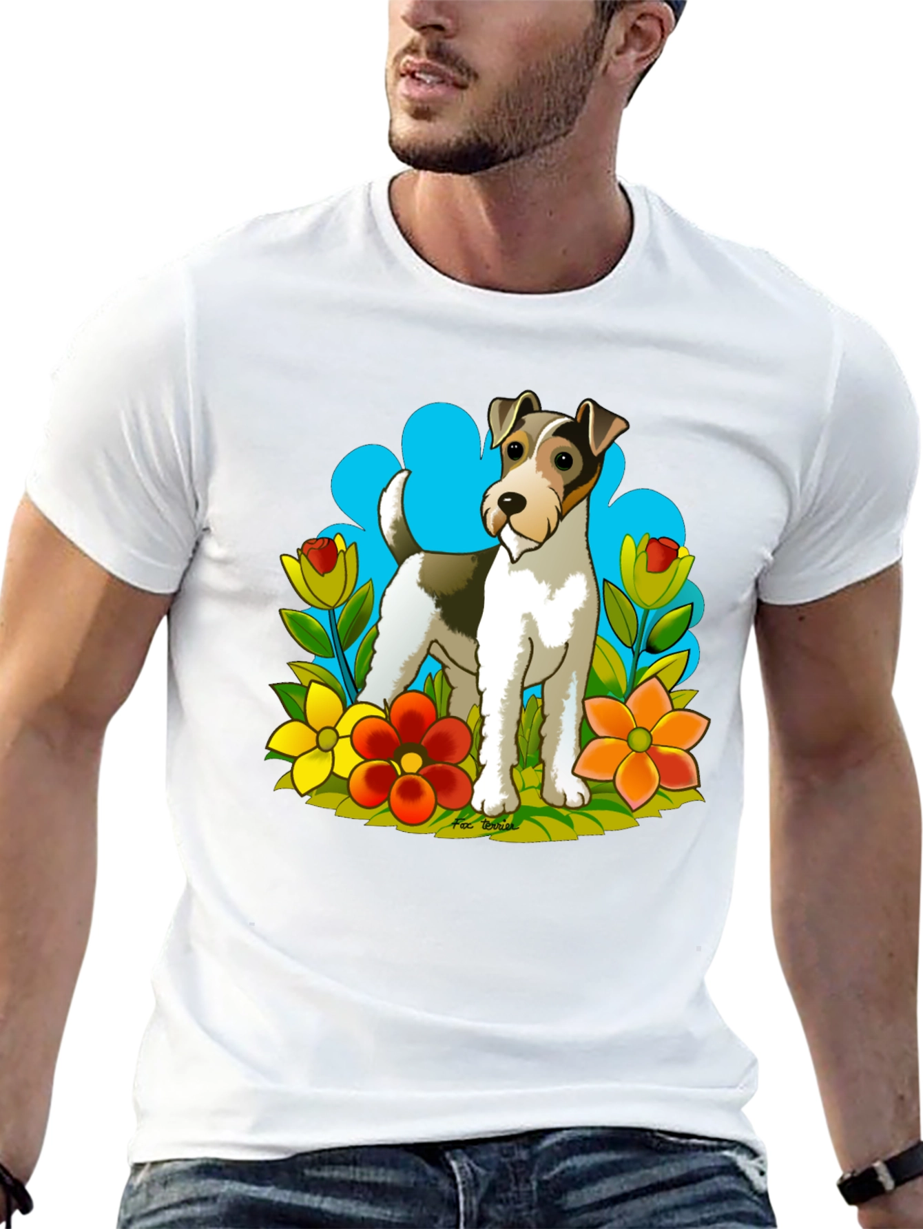 Dog & Flower Graphic Tee - Black Cotton T-Shirt