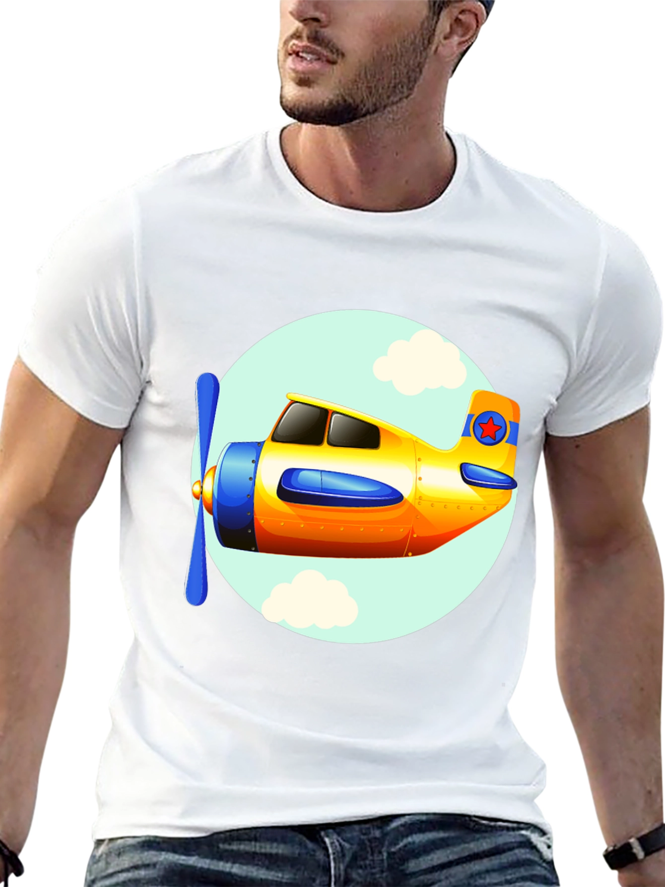 Cartoon Airplane Graphic Tee - Black Cotton T-Shirt