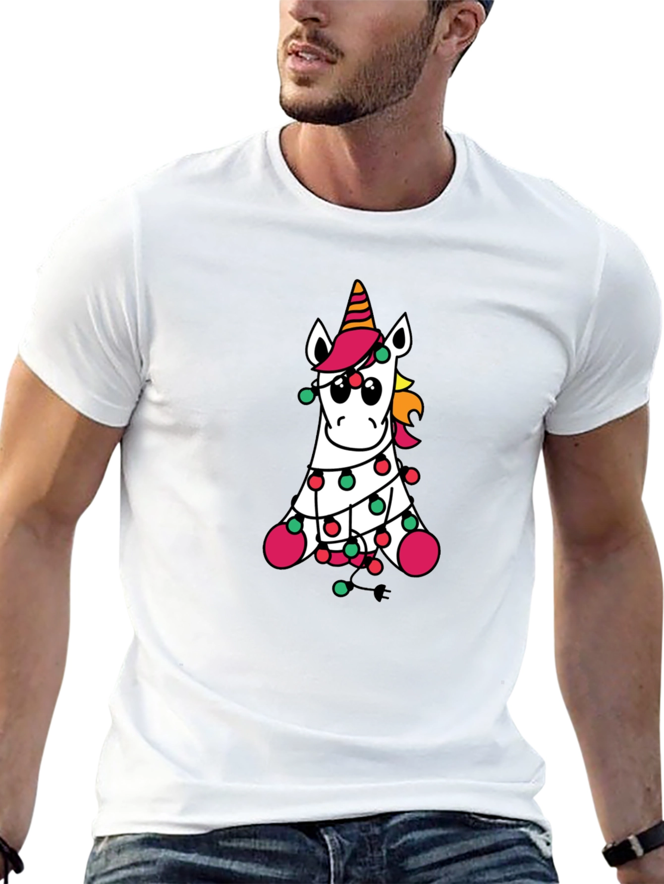 Unicorn Christmas Lights Black T-Shirt