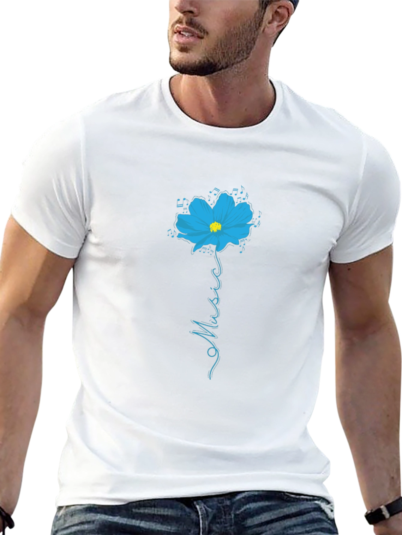 Black T-Shirt with Floral Music Graphic