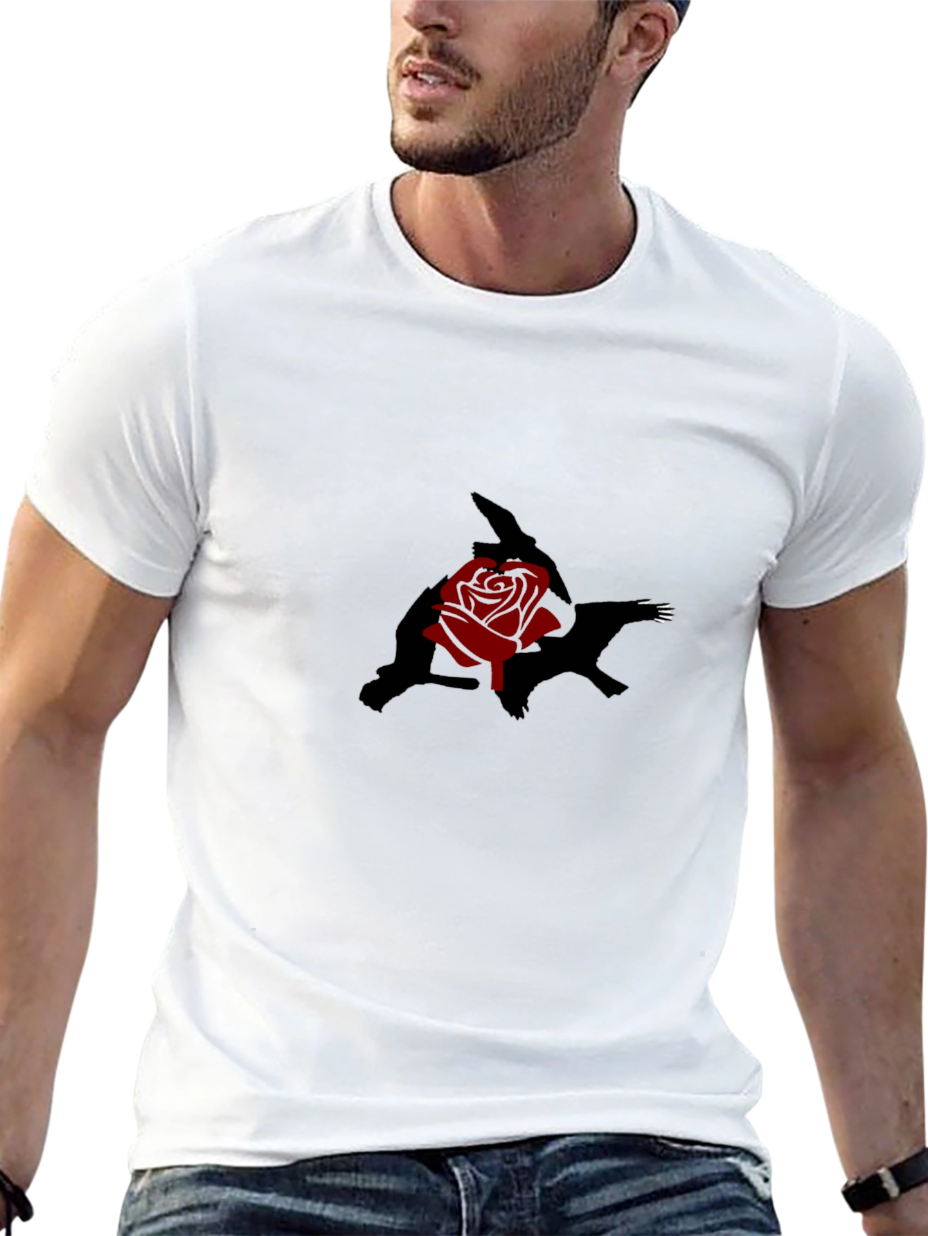 Black T-Shirt with Rose and Shadow Graphic Print