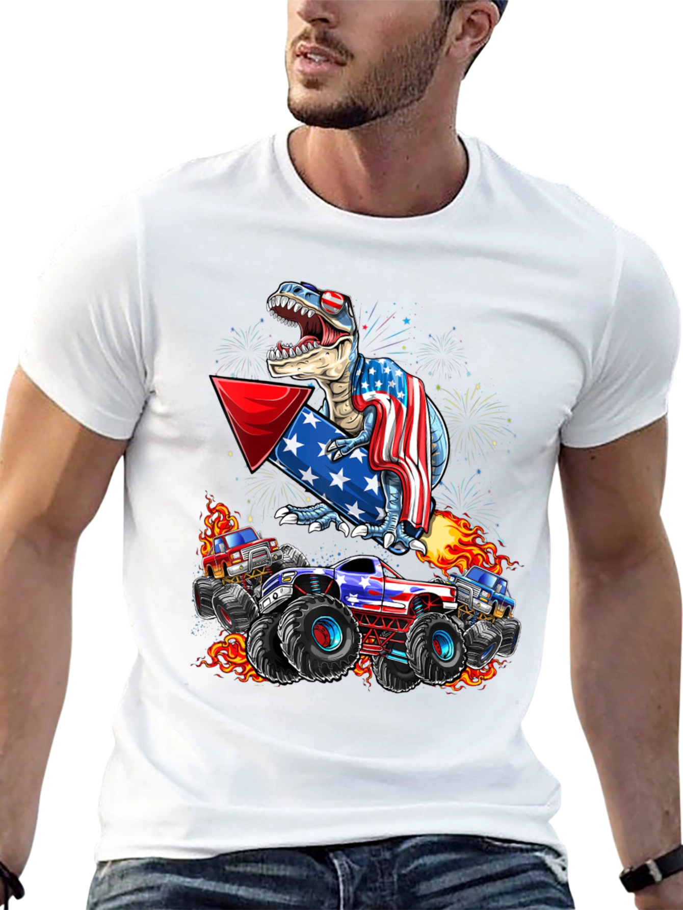 Patriotic Dinosaur & Monster Truck Graphic T-Shirt