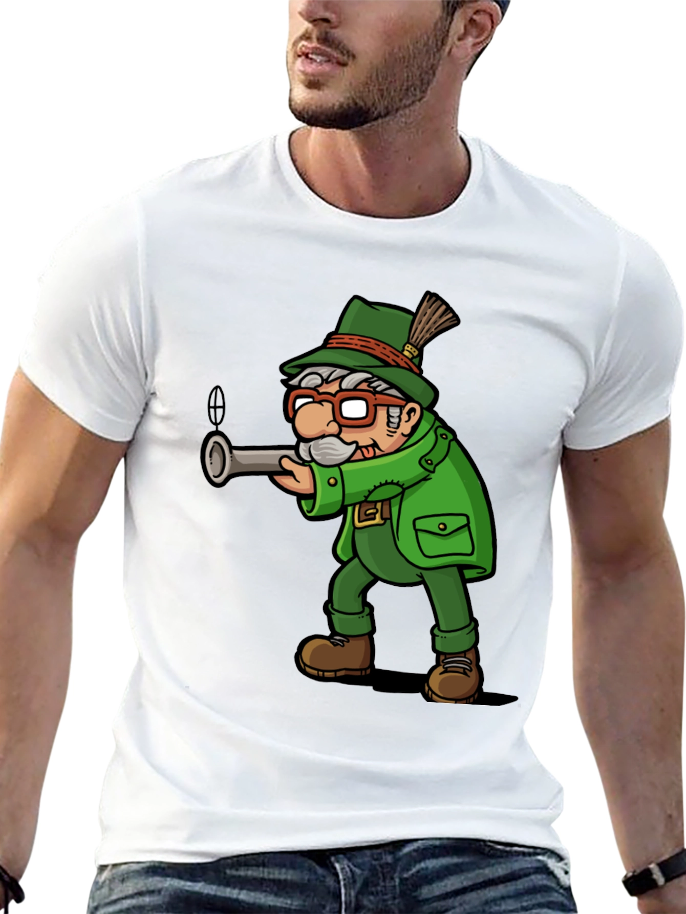 Cartoon Hunter Graphic Tee - Black Cotton Blend