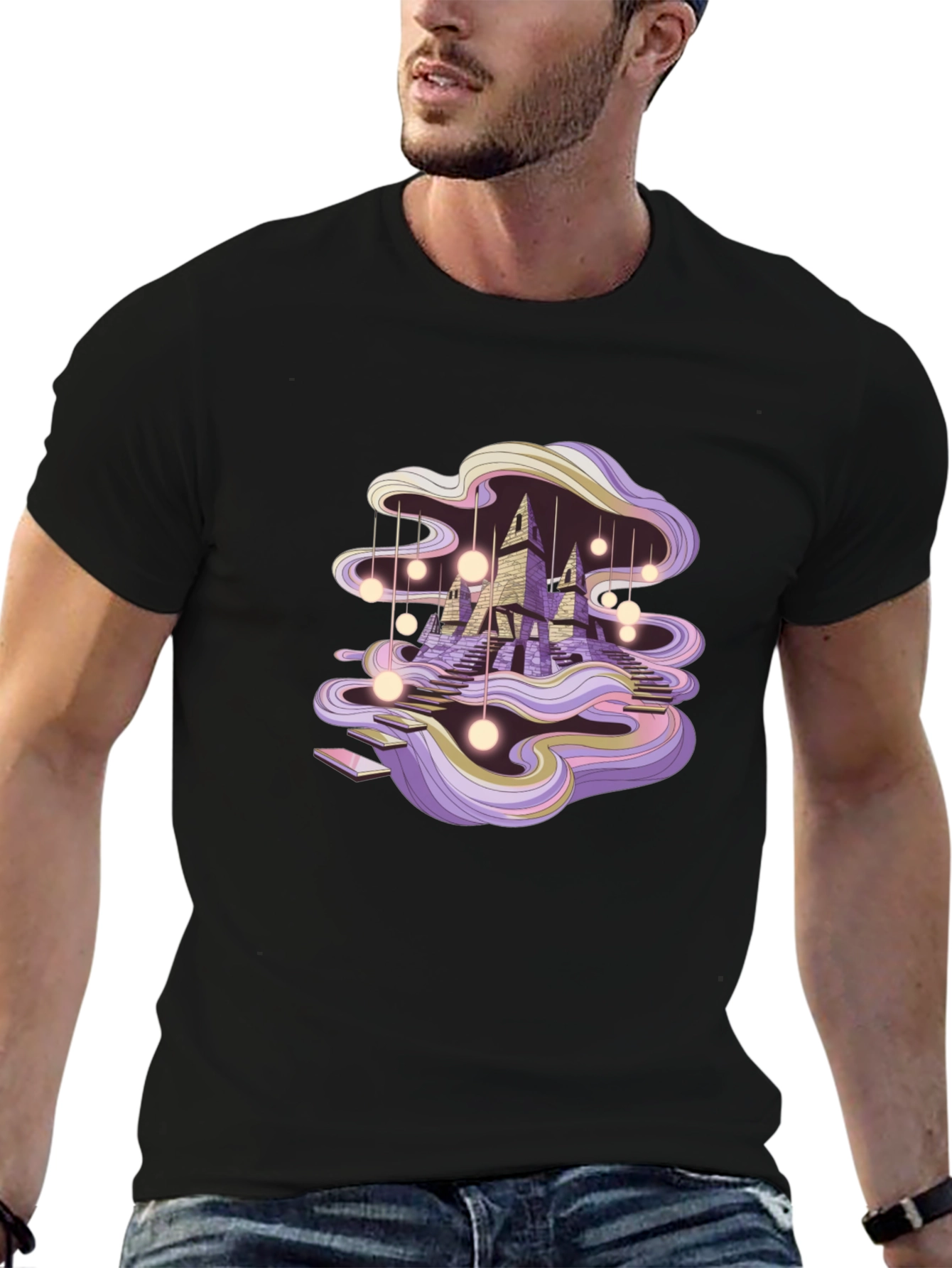 Abstract Castle Graphic Print Black T-Shirt